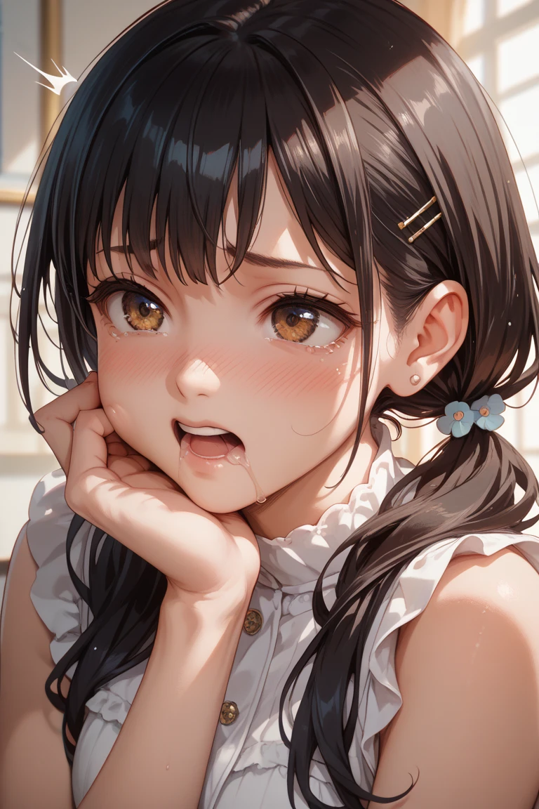 masterpiece, best quality, extremely detailed, (realistic, photo realistic:1.2), high resolution, RAW photo, 8k, Asian girl, 18yo, side bun,slender、nsfw,wince,(orgasm:1.5),awaiting tongue,