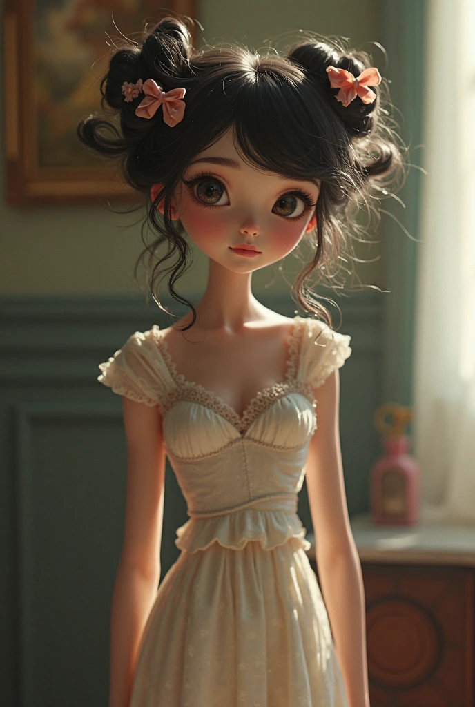 (((masterpiece))), (((Highest quality: 1.4))), ((Super detailed: 1.4)) ,(Genuine:1.4), Wearing a beautiful black Disney princess dress., A short chiffon skirt with delicate details that flatter your figure., Super realistic sexy pantyhose, Very sexy and seductive..............:1.2, Looking into the camera, Cinema Lighting, perfection, Russ&#39;s outfit, High Resolution Skins:1.2, Realistic skin texture, 14 years、Small Face、Without makeup、, Off the shoulder,Bust cup B、Small neckline, blue eyes, Hair Bun, Dark brown hair、Photo size from head to mid-thigh、On a neutral background、Staring at the target、Have a lovely smile, jenniferconnelly