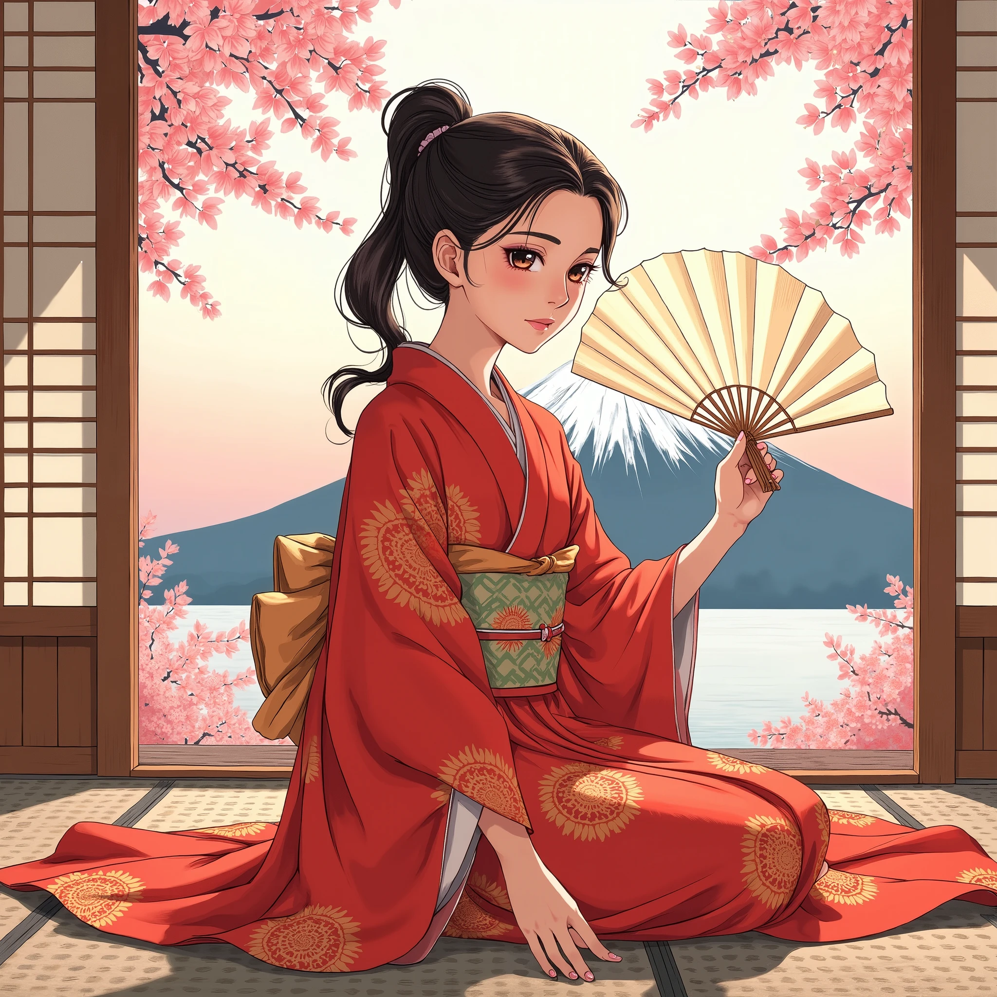 Illustrations、anime、Beautiful age girl is sitting、red kimono、Japanese Women、Japanese-style room、loose、Mt. Fuji、cherry blossoms、fan、