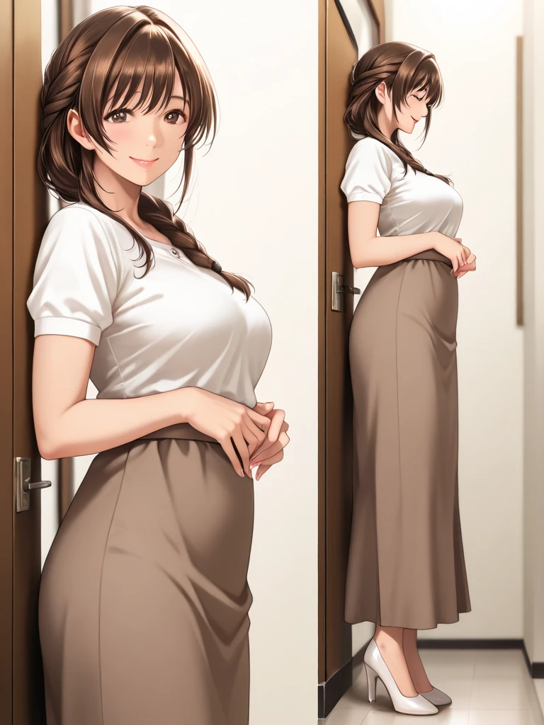 Beautiful 50 year old Japanese woman、頭からつま先まで写っているFull body photo、Bun Hair、Slender figure、Dark brown eyes、detailedな目、detailedな虹彩、detailedな顔、Brown Hair Color、Beautiful Hair、Big smile (Facing the viewer)、Off-the-shoulder plain T-shirt、Long skirt、High heels、Perfect Makeup、Glossy Red Lips、Shooting in front of the door、Portrait、Exquisite details、Depth of written boundary、(detailedな顔: 1.2)、(detailedな目: 1.2)、(detailedな背景)、(Gradation)、Shiny skin、Sharp focus、8k、uhd、high quality、Exquisite details、非常にdetailedな、Captivating silhouette、(Very beautiful face: 1.2)、Facing the viewer、Mature Woman、Mature Woman、((Center image))、detailed、masterpiece、Full body photo、wedding ring、