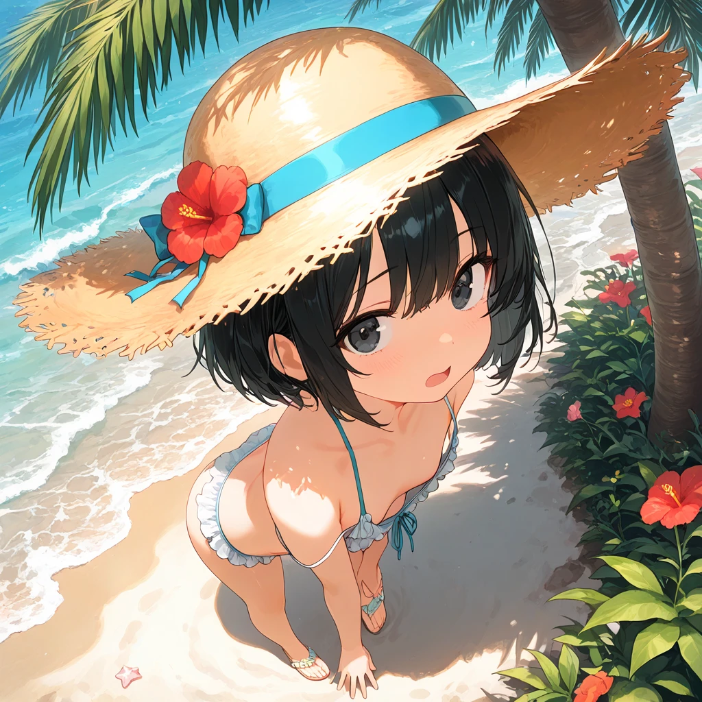 looking back at viewer、tideland、Covered in mud、Tiny string bikini、Thighs、Girl、Girl、Younger、Baby Face、flat chest、forehead、Butt、Dynamic Angle、Seaside、Sandy Beach、Glaring、sunlight、Both eyes open、Sun hat