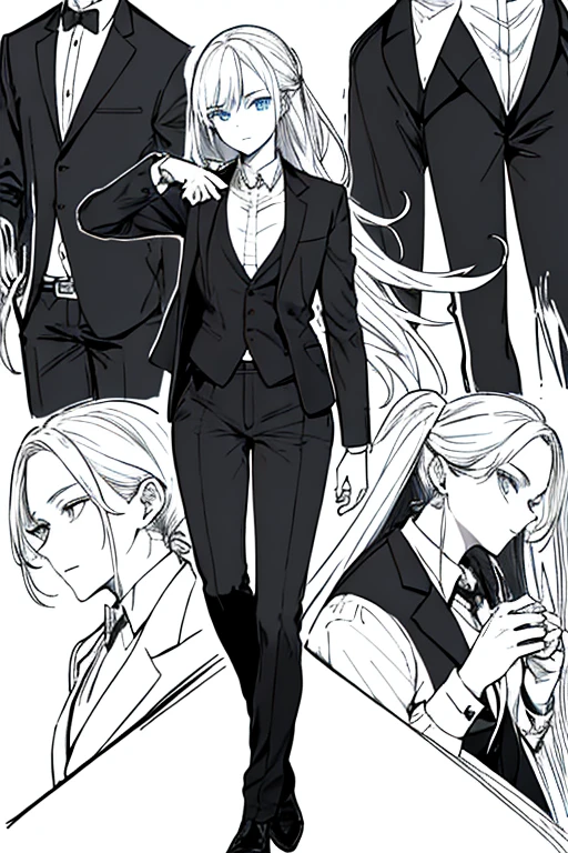 serious cartoon girl with pale skin with black eyeliner and dark grey square hairstyle and bangs in grey dress with black sharp collar and a pale guy smiling narcissist blonde with bangs on the side and black eyeliner in grey suit and black trousers in danganronpa style game