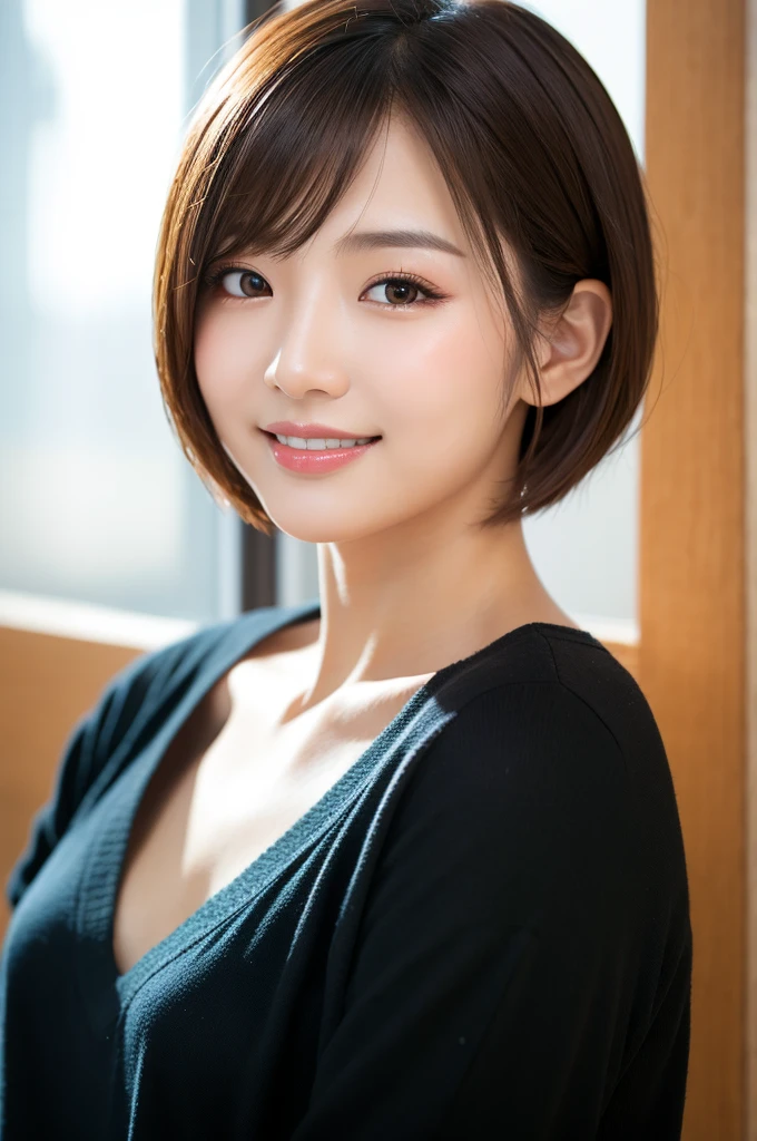 A beautiful Japanese shy girl, age 18 years old, short brown hair, brown big eyes, shiny lip, shiny hair, ecstatic expression, wearing off shoulder front button black one piece cloth, The background is very blurry, wearing high heels, A photo showing the whole body, in front of huge window,