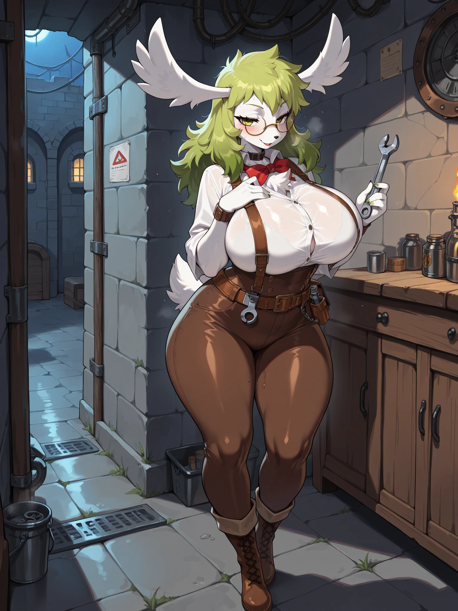 (masterpiece, best quality), hairy:1.3, snout:1.5, The second:1.3, hairy:1.2, snout:1.5, Amazing Quality, very aesthetic, absurd, highres, new , HDR-10, 8K, Cinematic, professional photo, a full body girl, (((Shaymin en forma de cielo:1.25))), animal ears, (white fur:0.86), big breasts, big breasts, (Small but curvy), wrench wench steampunk, glasses, Alone , (((seductive expression))), (((vestida como wrench wench steampunk:1))), flushed cheeks, night workshop, detailed background, underground dispersion, translucent, brilliant, SSS, of the highest quality, atmospheric haze , Illusp0s , (super quality:1.2),(((sweat:1)))