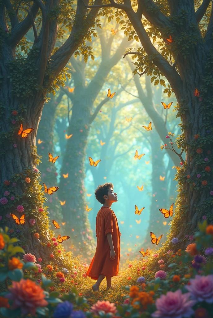 In Cinematic 3d cartoon style"a magical tree talking to a poor ager boy(boy looking Indian desi boy),few golden coins are scattered on around the tree root, this magical tree exsist in the place of deep forest, size of boy and magical tree are very smaller than the background,
background of boy some butterfly, environment are spring season, image creat in ratio 9:16.