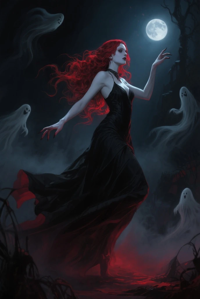 Quality, masterpiece, hight resolution, top-quality, hyper realisitic, 8K, hight detailed, BREAK, photo from above, 
, a terrifying horror scene, lone figure standing in middle of blood lake  , demon girl , ghostly apparitions emerging from the shadows, surreal and disturbing environment, highly detailed, photorealistic, focusing on textures, shadows and lighting effects, reminiscent of The Grudge, scene from nightmare, surrealistic [high contrast], limited color palette, dark shadows, scary, mysterious and ghostly figures, long red  hair, messy, white broken dress, dead bodys, 