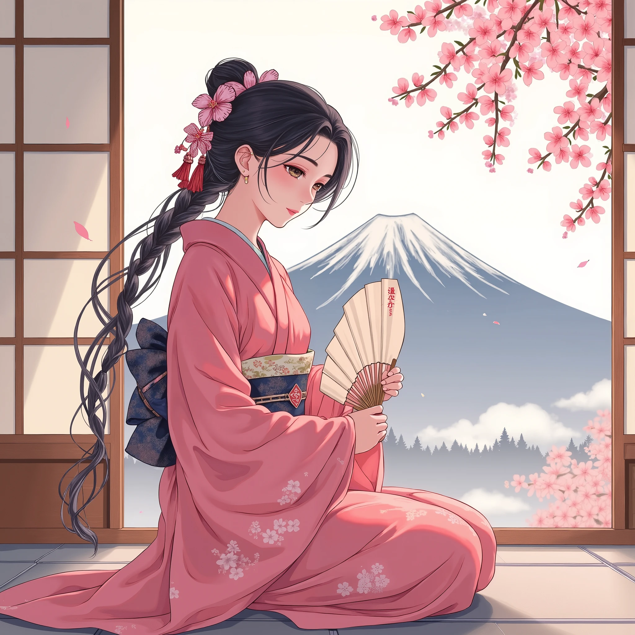 Illustrations、anime、A beautiful girl from is sitting、Pink Kimono、Japanese Women、Japanese-style room、loose、Mt. Fuji、cherry blossoms、fan、