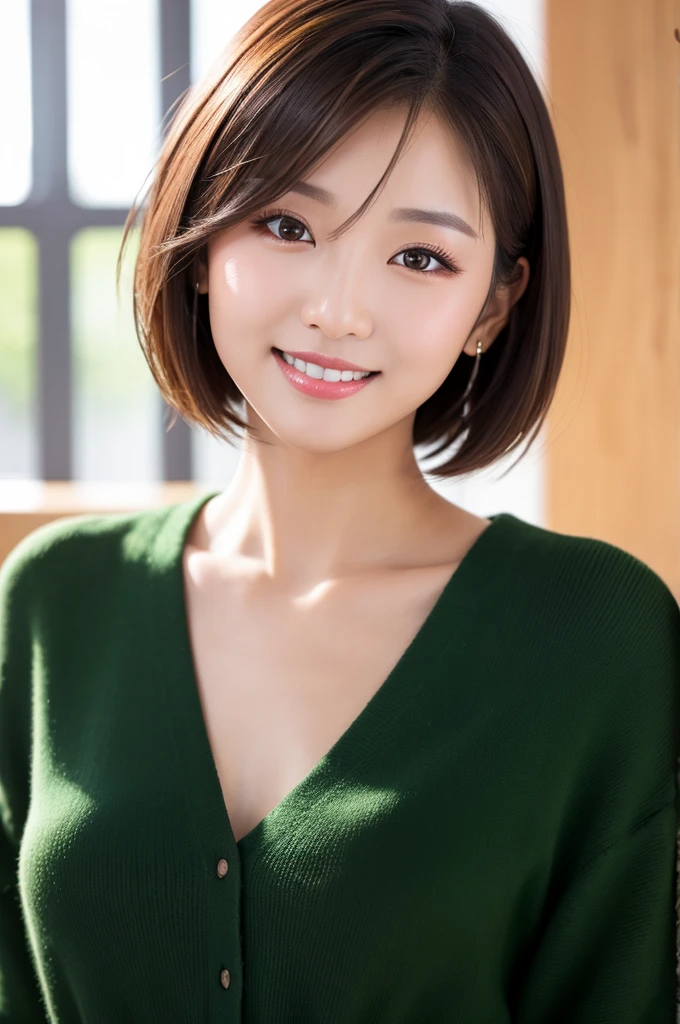 table top, highest quality, shape, Super detailed, finely, High resolution, 8k wallpaper, 完璧なダイナミックな構shape、Mature woman 27 years old cute girl、sweet girl、fiery idol pose、detailed face、Super detailedかわいい目、realistic lips、realistic and beautiful skin、shy smile、wavy brown short cut hair、small breasts、bold sexy pose、Sweater with one shoulder exposed、nature'green、