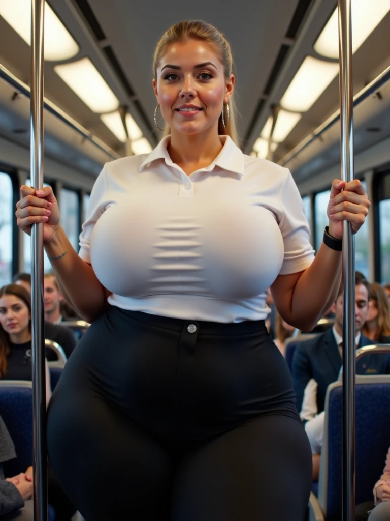 1girl, ((a person standing on a crowded subway train holding onto a pole with one hand while balancing a coffee cup in the other their body swaying slightly with the motion of the train)), (gigantic breasts), bodysuit, sfw, full body view