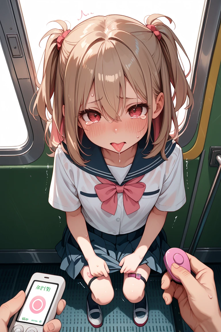 masterpiece, Highest quality, Nico_Yazawa,High resolution, 1 Girl, alone, Brown Hair, short hair, Twin tails、Purple eyes, , , (Cleavage)、(Beautiful thighs), Carrying a red backpack, (randoseru backpack:1.2) Sweaty、Thick thighs、Highest quality、4K、1girl, 8years old, , cute, grin, 、White school swimsuit、on the train、Many passersby are surrounding the girl.、、Thick thighs、Ahegao、Men holding their penises and surrounding girls、Semen from the penis、Bukkake、Bukkake、(Bukkake)projectile cum、Blowjob