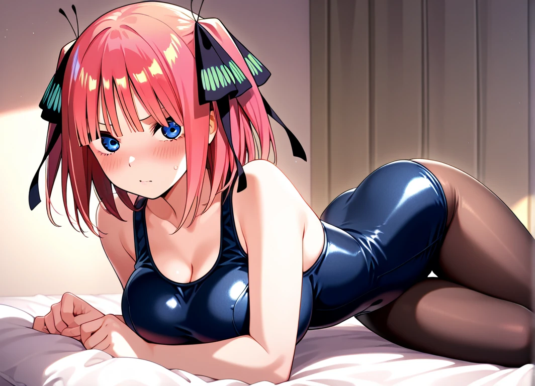 Highly detailed, High Quality, Masterpiece, beautiful, 1girl, solo, BubblesDandonfuga, blue eyes, hair buns, toned, tan, dark-skinned female, pink hair, bunny_girl, thighband pantyhose, animal ears, fake animal ears, leaning forward, cleavage, sweat, seductive smile, bed, on bed, crawling, all fours, pov