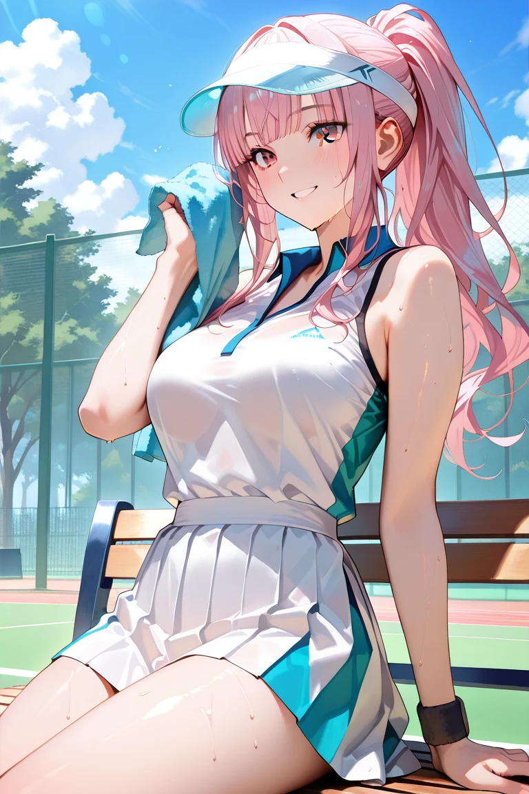 ((1 girl)), latest trend clothes, cowboy shot, (tennis wear), (Tennis court), tennis racket, White skort, surprised eyes, blush, open mouth, Cute Costumes, medium breasts, ponytail,((Super detailed,highest quality, High resolution, 8k wallpaper, beautiful clothes,)),((pastel colored hair, shortcut, ((asymmetrical bangs)) ,(light blue eyes),eye shadow, eyeliner,Glow Eye, highly detailed eyes, complicated eyes, beautiful eyes, 輝くlight blue eyes、18 year old girl