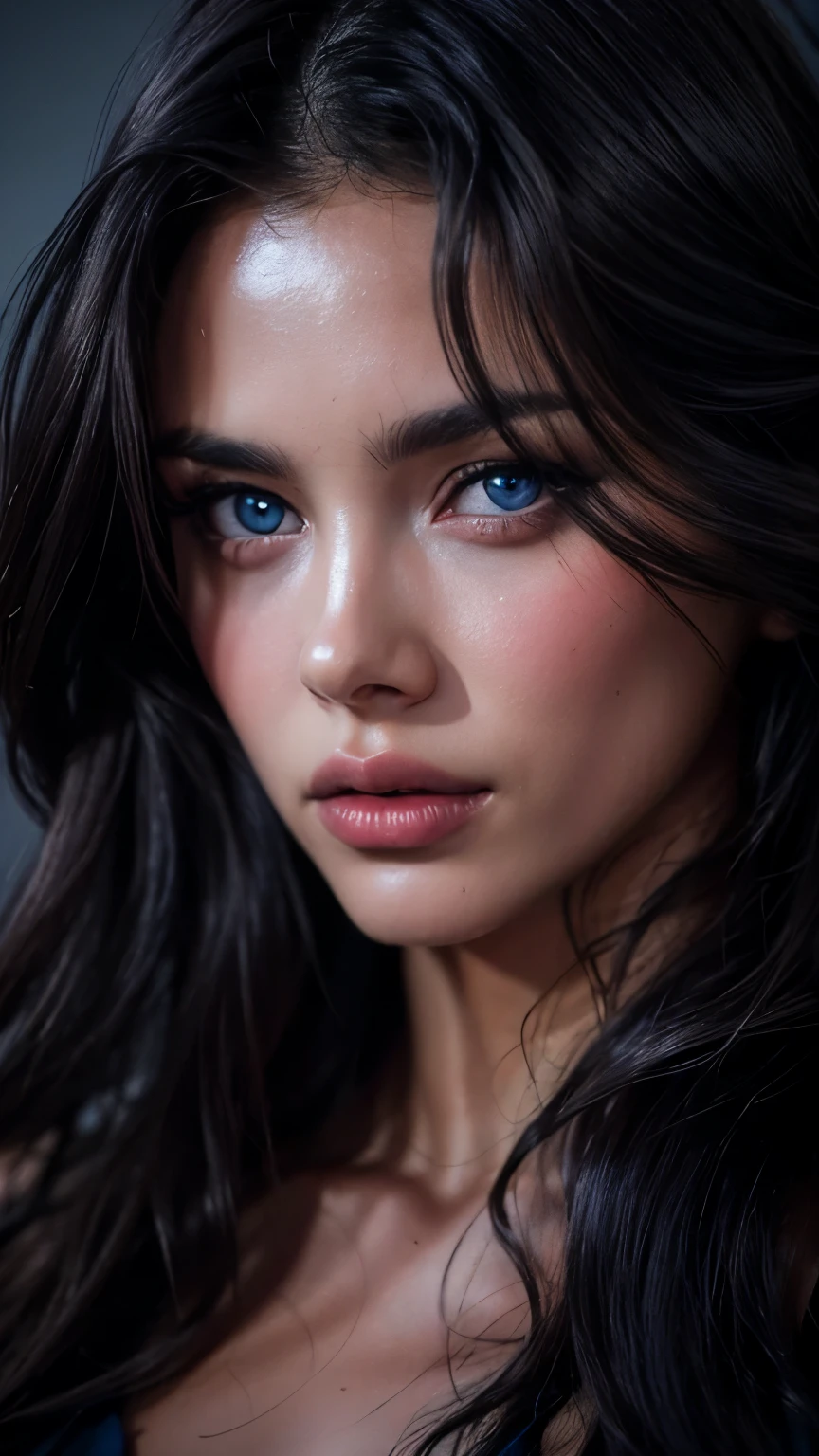masterpiece, light makeup, messy black long hair, super fine details, authentic texture, cinematic lighting realism, 16K, exquisite features, blue eyes, Beautiful Face,