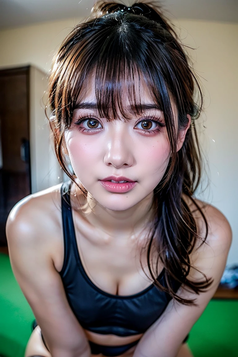 ((shoot from front)), masterpiece, Best Quality, Illustration, Ultra-detailed, finely detail, high resolution, 8K Wallpaper, Perfect dynamic composition, Beautiful detailed eyes, Natural Lip, Big breasts, cleavage, looking down:1.2, sitting on chair, desk working, wearing business suit, (sad), (in the office), Japanese beauty girl, 20 years old,