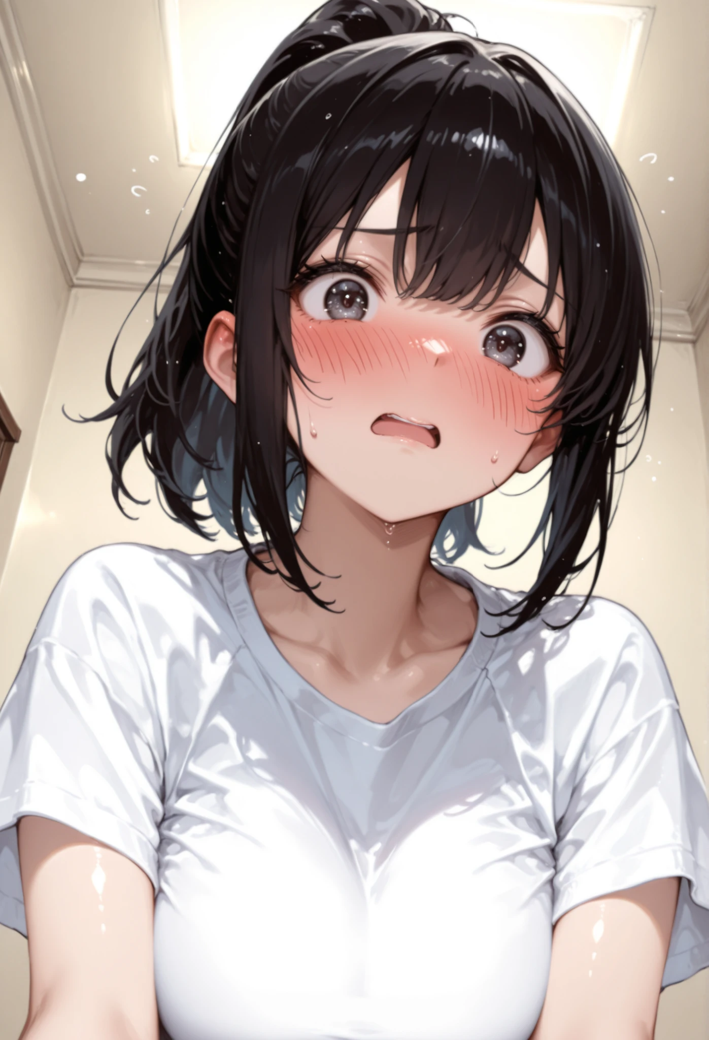 (head shot:1.2), (from above:1.2), frame in, from right in front of face and body, view straight on, upper body, High quality, very high res, High quality, very high res, cute girl, brown hair, forehead, blunt bangs, bob cut, blush, Brushed up bangs, wearing a plain t-shirt, shirt lift, medium breasts, pale pink nipples, I can see your belly button, (kneeling down pose), fellatio, pleated skirt, at office