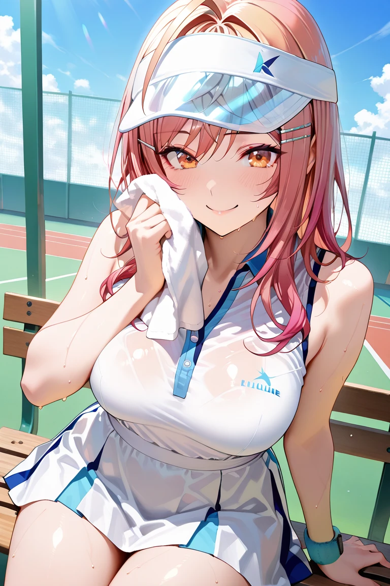 Best Quality, masutepiece, hight resolution, Solo, {Bremerton_azur lane:1.15}, long_hair, Pink_hair, Bangs, Pink_Eyes, Multicolored_hair, Streaked_hair, breasts, Large_breasts, hair_Bland_Eyes, blush, Twin-tailed, greys_hair, cleavage, Two-tone_hair, hair_ornament detached, Mole, Mole_Under_eye, side locks, Smile, Sleeveless, X_hair_ornament detached, hair_intakes, 1girl in, Bare_shoulders, hair clips, heart mark, heart mark_Necklace, Jewelry, up looking_で_viewer, Necklace, Official_alternate_The costume, Shirt, Sleeveless_Shirt, Sportswear, tennis_uniform, bottles, Crop_Top, fence, Water_bottles, chain-link_fence, Crop_Top_overhang, Midriff, Navel, Skirt, Holding, Two-tone_Shirt, Two-tone_Skirt, 鎖骨, Sitting, Open_Mouth