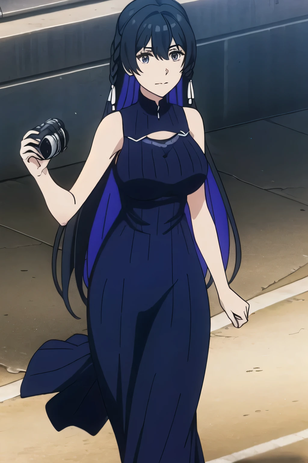 can you draw a dark blue long dress, beautiful smiling woman ,Big Breastsでもウエストが細い,{{X}},depicts her expression more delicately,walking alone, city tour ,,(((She wears casual tourist-style clothes))), I have a SLR camera ,(Let's draw a more delicate look),(sleeveless wool sweater),( Pleated Legs,white panties),(That work is enough for one person {X} is very important for work)、 That's all it takes,frown。unless the job requires it。 {X}、 , Attractive 40-year-old adult woman jumps off her uniform, Big black wavy hair, , Big Breasts, thin waist , , ,