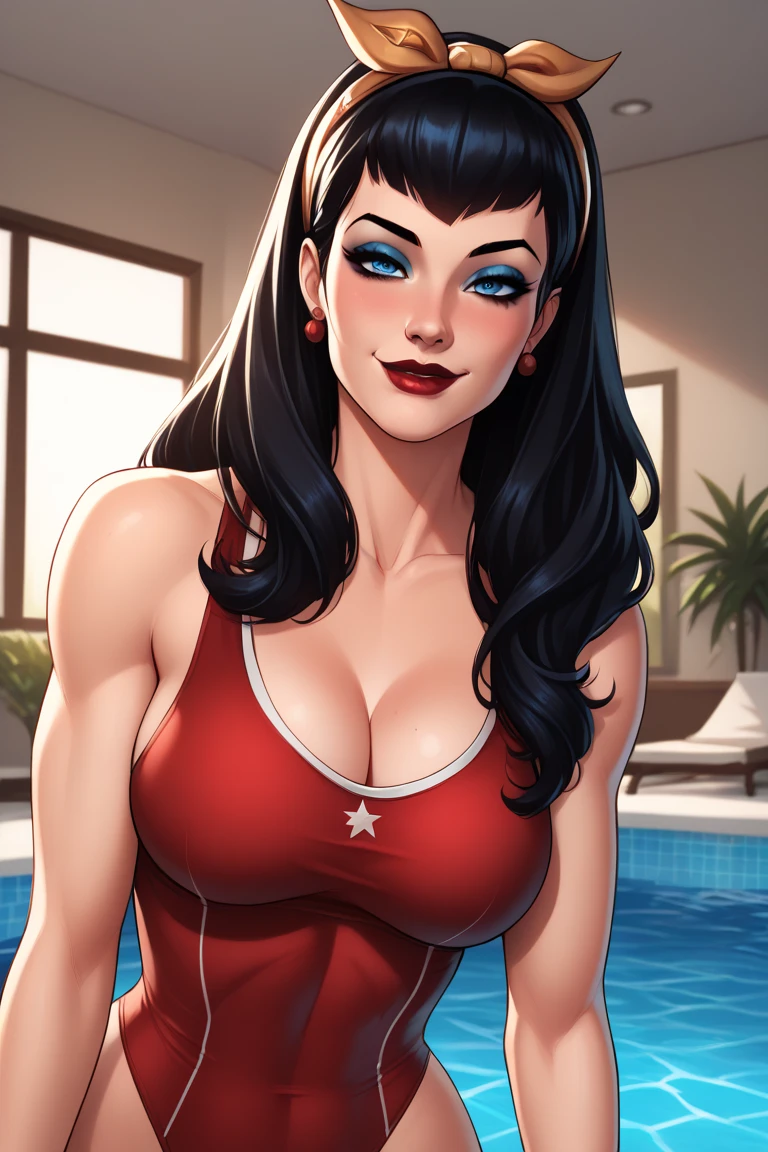 Gorgeous and sultry busty athletic (thin) brunette (smirking) with sharp facial features and a ((long), slicked-back hair) and (huge boobs) wearing a star-spangled bikini, Americana, swimming pool.