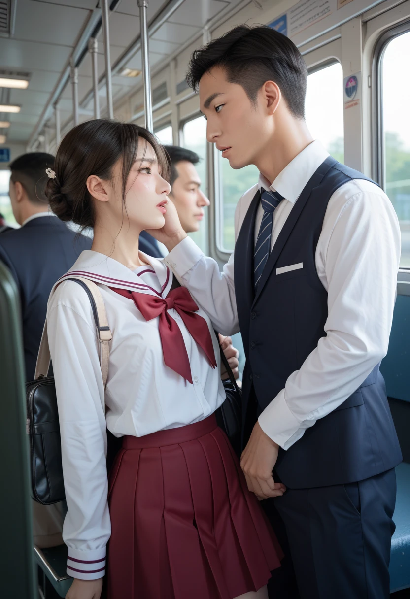 NSFW,highest quality、8K、masterpiece、ultra high resolution、clear pictures、realistic pictures、Photoreal、professional lighting、Cinematography、pretty girl、National beautiful girl、idol sculpture、round face、very short hair、Super Slender、delicate body、small breasts、thin waist、on the train、 in school uniform、A man in a suit hugs you from behind、kiss on the ear、High school girl in tears、The skirt of the uniform turns up、