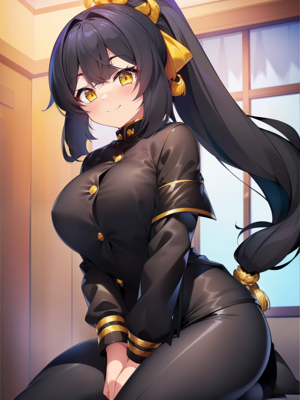 ((the best画質、the best、1 girl、draw in detail))、Fushan、
((black hair、twin tails、twin tails袖、yellow ribbon、long hair、straight hair))、((yellow eyes、active look、big breasts))、(smile、open your mouth and laugh)、
((playboy bunny、Bunny girl、rabbit ear headband、frillini dress、cute))、((outdoor、town、moon、night、ground))