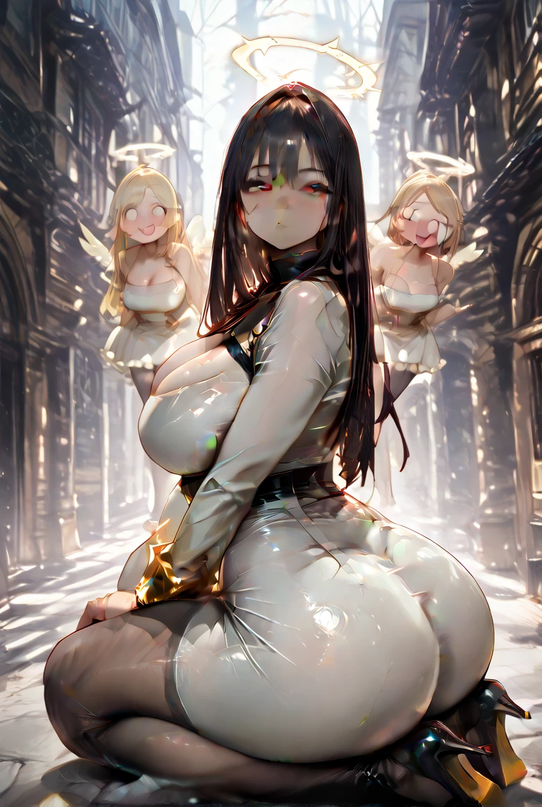 5angels, gold and white and black, mother and daughters, wing, halo, voluptuous, plump, early pregnancy BREAK, character design, reference sheet, pale color art style, White background, BREAK, long hair, bangs, wave back hair, unkempt hair, keen eyes, glare, eyelashes, hair over one eye, (bared forehead:1.1), nose BREAK, (, nippl, thin pubic hair, curvy muscler, pale skin, exposed breasts, gigocket breasts, highlight sts, i-shaped cleaveged on cleavege BREAK, lightsmile, masterpiece, Hyper Detailed, Sharp Focus, Best Quality, 8K, Dynamic Pose BREAK, family photo, line up front view, oasis