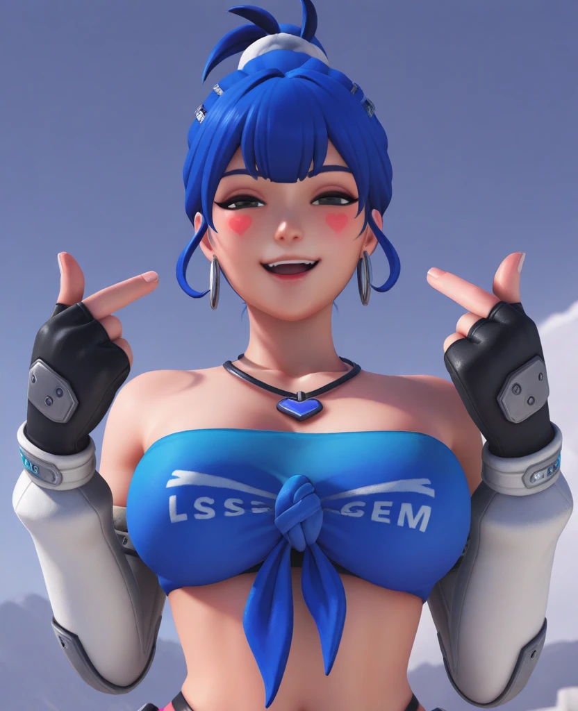 , highres, absurdres, 3d, dv2, 1girl, blue hair, single hair bun, brown eyes, facial mark, tube top, front-tie top, elbow gloves, hoop earrings, portrait, looking at viewer, necklace, finger heart, half-closed eyes, smile, open mouth, midriff, fingerless gloves, panty straps, heart, large breasts