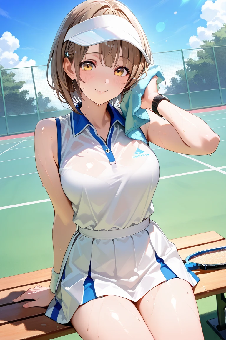 NSFW、独奏、(White tennis wear、White polo shirt、Big Breasts、white micro mini skirt white、White pleated skirt)、Toned body、Bare thighs、(Panty shot、White panties、Panties transparent with sweat、Mansuji)、(White tennis wear、White polo shirt、Big Breasts、white micro mini skirt white、White pleated skirt)、白シャツ越しに透けたBig Breasts、(short hair、Brown Hair、Barrette、hair ornaments)、(Brown eyes:1.5)、(yuihirasawa、yui hirasawa、Yui Hirasawa)、Big Breasts、Women's High、Tennis court、独奏