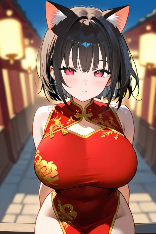 peace sign,(masterpiece, best quality), intricate details, 1girl, megumin, short hair, dress, red dress, hat, witch hat, belt indoors,ahg rolling eyes tongue((((blush)))),(cleatched teetch)
