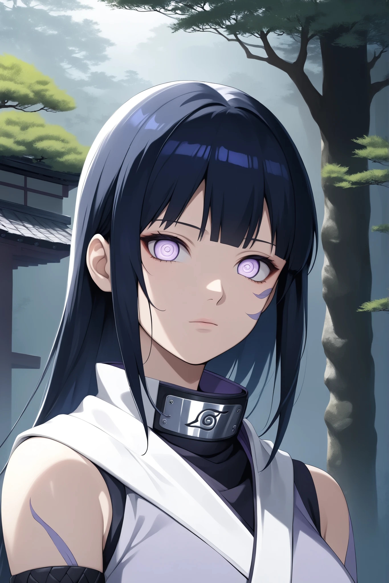 ((masterpiece)), ((RAW 8K)), ((anime-real fusion)), ((studio-grade lighting)), ((extreme photorealism)), ((hyper-detailed skin texture)), ((soft natural tones)), Hinata Hyuga from Naruto Shippuden, Zen Ninja style, calm meditative expression, pale white Byakugan eyes glowing faintly, long dark-blue hair naturally flowing, no hair tie, parted slightly. Minimalistic but elegant ninja outfit: sleeveless cream-gray robe-like vest layered over soft lavender fabric, smooth dark sash around waist, black wrist wraps. Hidden Leaf forehead protector worn simply on the chest or around neck.

Waist-up portrait, relaxed posture with hands gently resting at her sides or in light chakra pose. Barely visible chakra lines glow subtly along collarbones. No excessive gear or weapons—focus on internal power, stillness, and precision.

Background: Quiet stone path behind the Hyuga clan compound, raked gravel patterns, soft moss, and bonsai trees. Morning mist and filtered light through high paper walls — a tranquil scene symbolizing inner balance and clarity.
