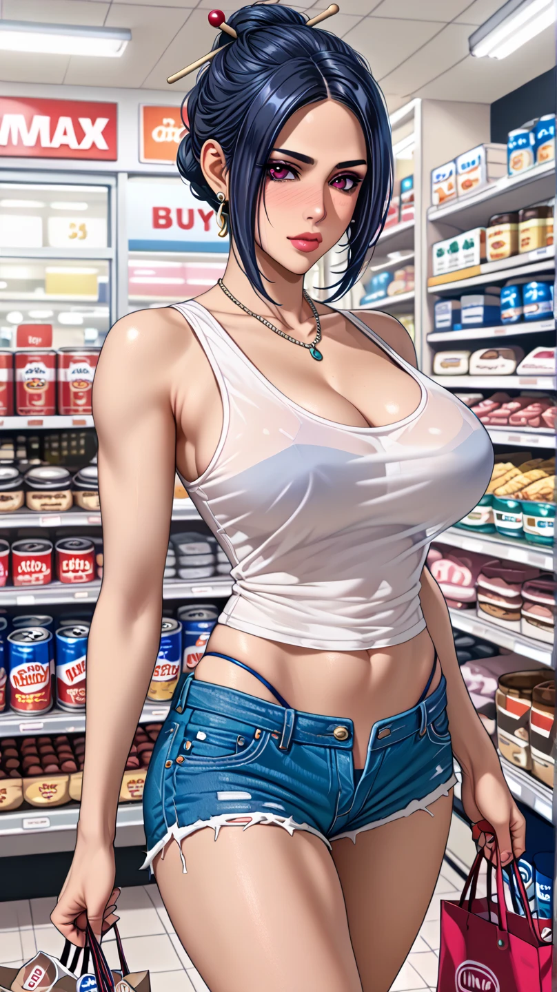 A woman wearing full-zip shorts eats a tlayuda at a taco stand　Jeans have a belt　Belly button piercing　　With side slits　Big Ass　　Upper body naked