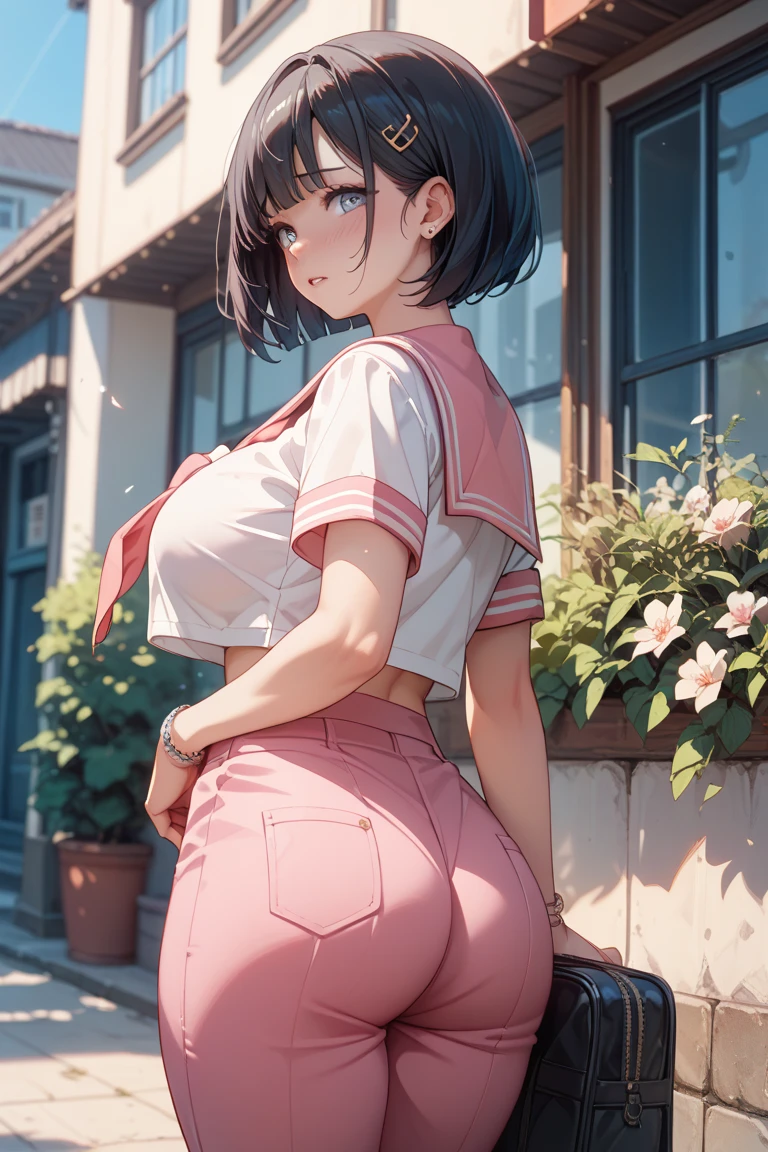 kasugano Sakura, showing big ass, half naked, smiling. (((half naked))) 