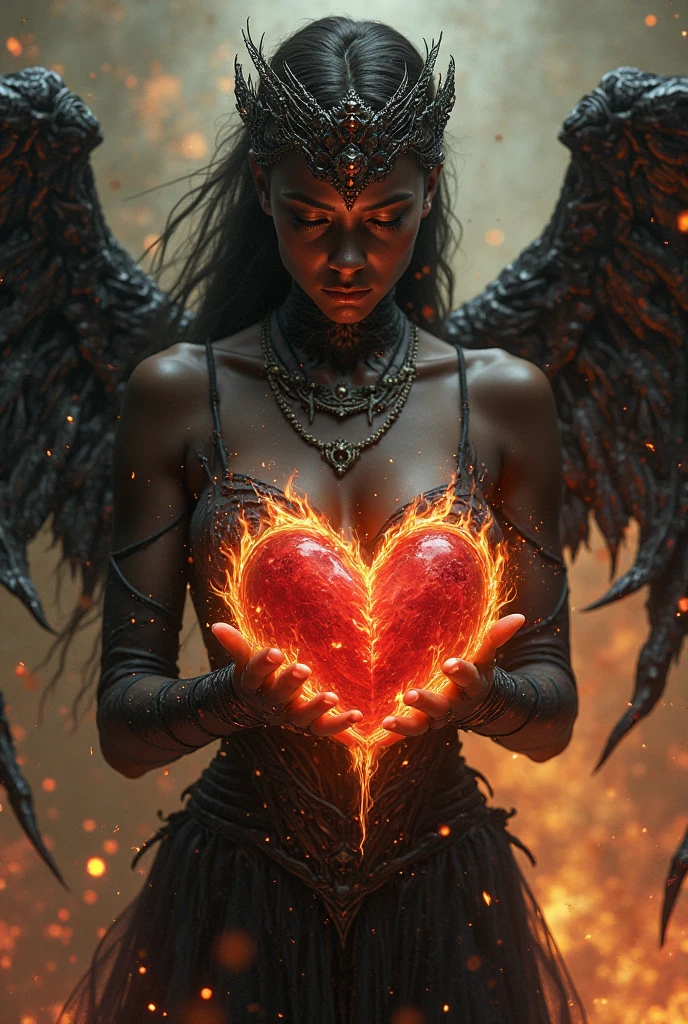 (photorealism:1.2), a gorgeous woman with long black hair with glowing red eyes with an evil smile wearing a black hoodie and a red corset with big black and red firey wings with fire in the back ground and in her hands holding a red firey heart and fire everywhere
