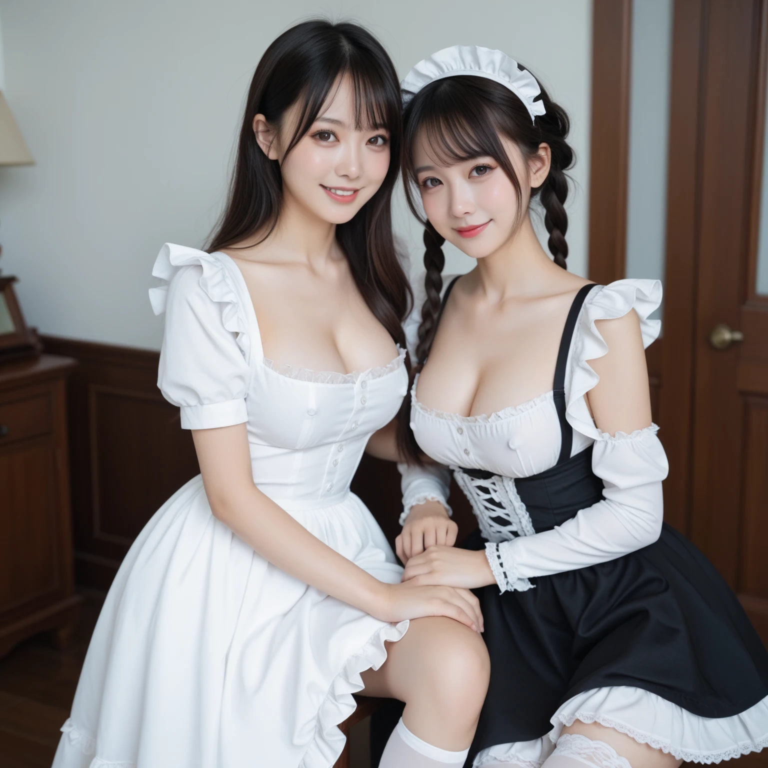 Highest quality, 8K quality, Masterpiece, Two busty women standing side by side, (Super big breasts compressed by clothes:1.2), Whitening skin, Sparkling Blue Eyes, Sailor collar girls' high , Above the knee, Skirtliftv1, (Protruding and accentuated booty), Super big breasts in a frontal view, (White panties), grabbing own ass