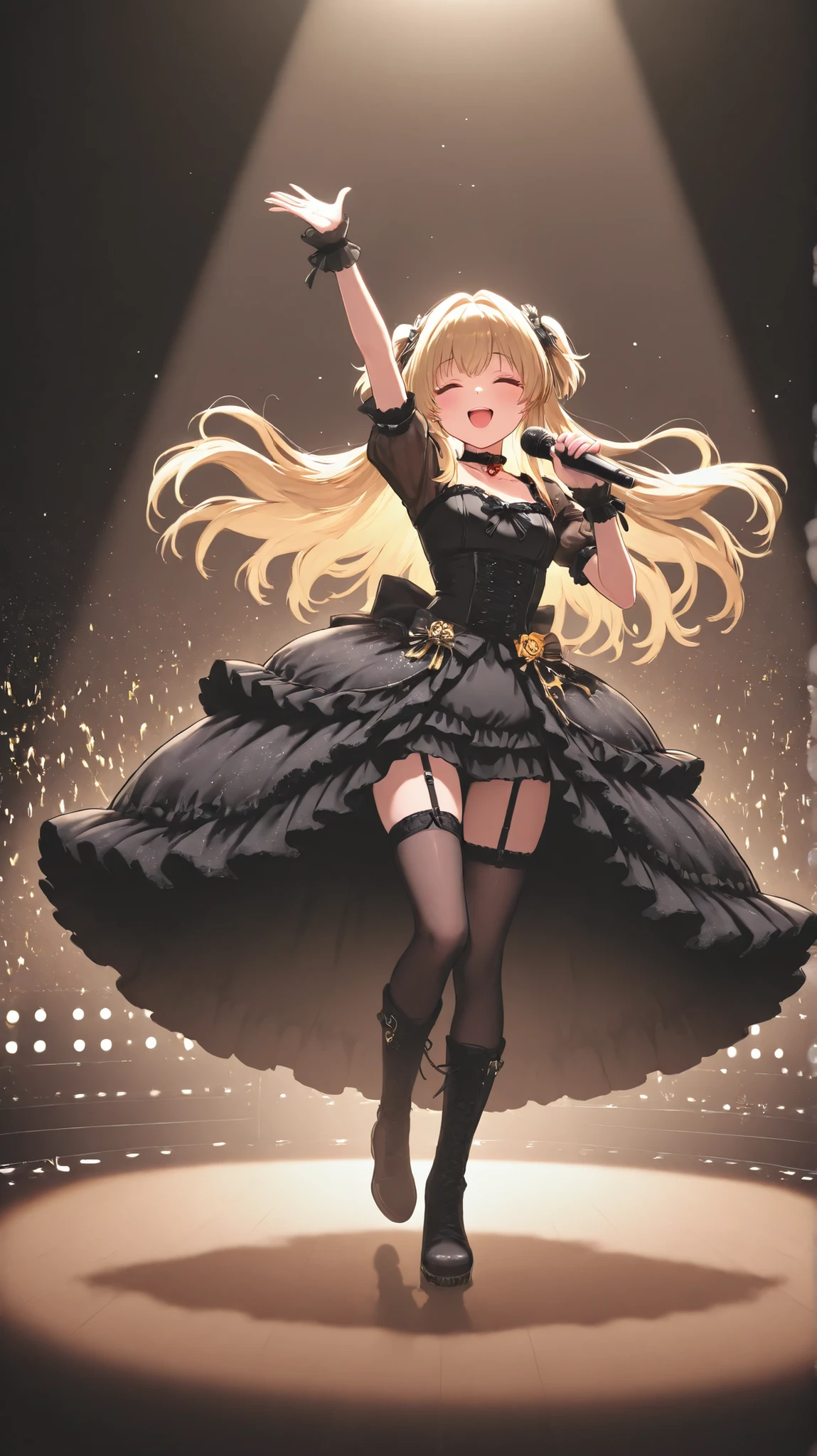 black and red lace underwear、Blonde、Beauty、Red Lip、adult、Hold the microphone and sing、cute、Sing while looking at the audience、up、