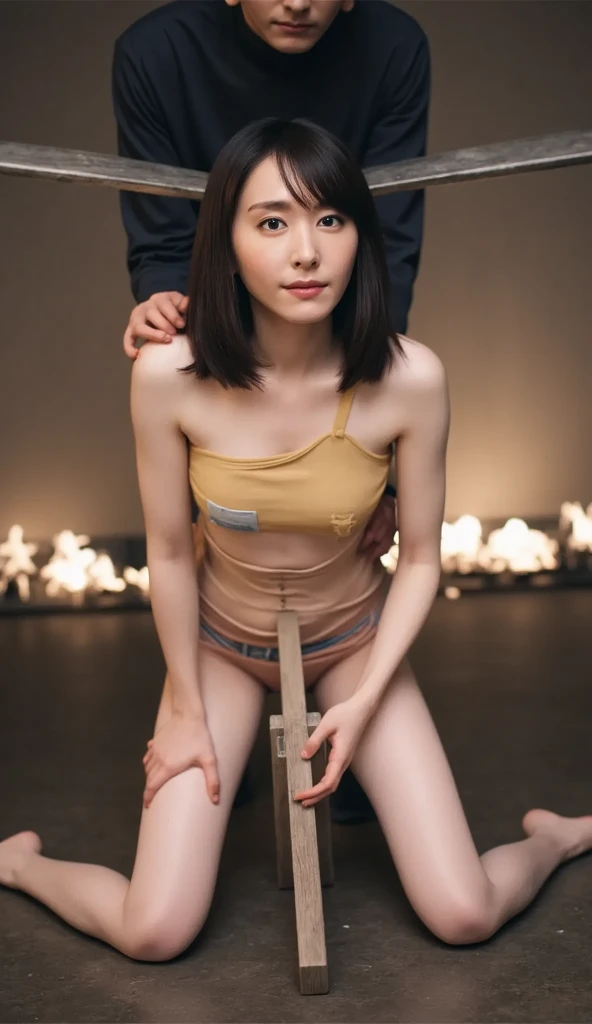 ((Highest quality)), ((masterpiece)), (detailed),nsfw,Perfect Face, she is flat ,, small girl, slim, Black Bob, ((Narrow eyes)), Japanese, forehead, ((Frightened expression)), (crying), ((Jail)), choker, ahegao, looking at viewer, looking up,((single eyelid)), (arms behind back, leaning forward, front face, close up, kneeling), Pink nipples,Vulgarity, Obedience