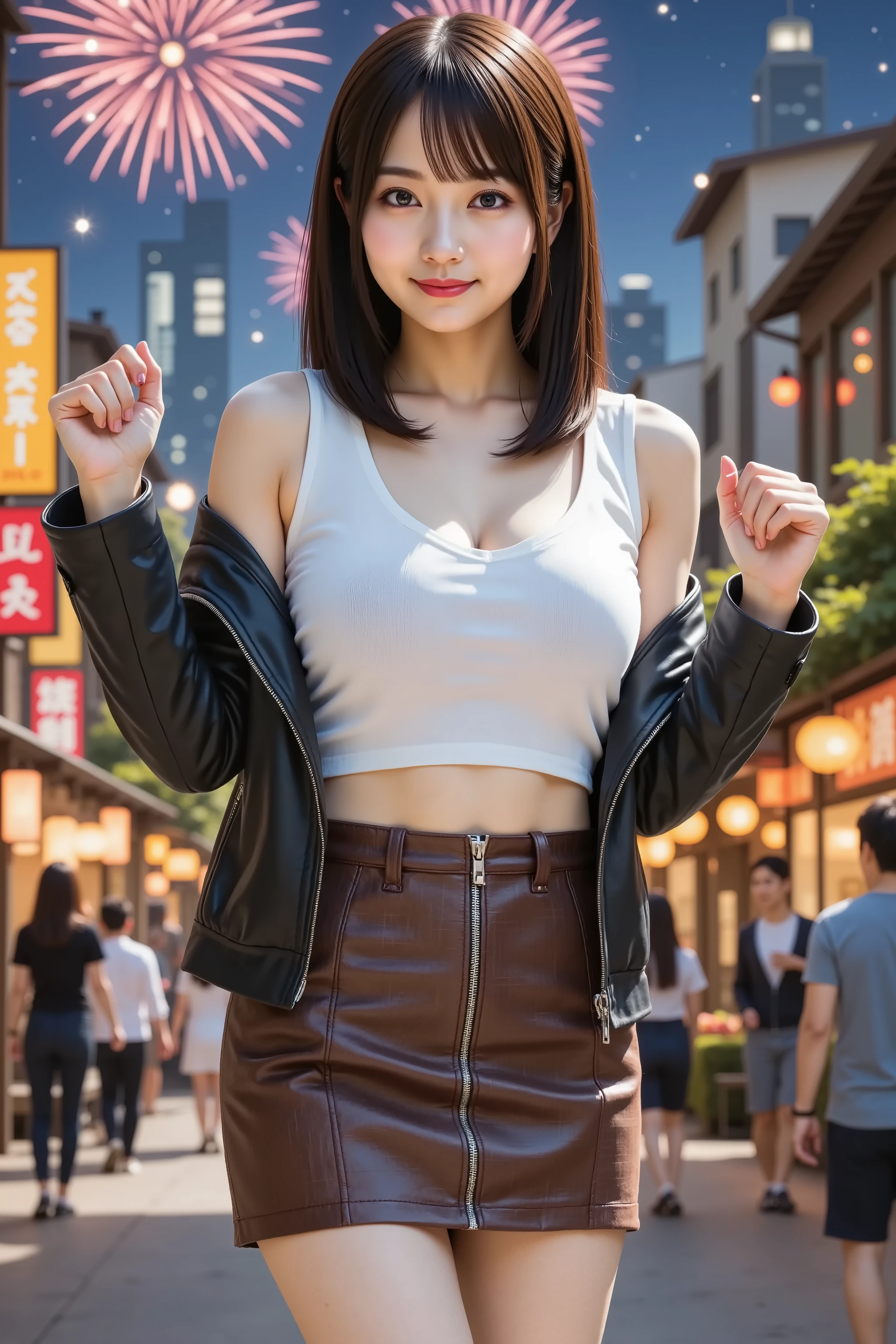 A photorealistic digital painting of a slender young woman with smooth fair skin and voluptuous firm breasts emphasized by a wide deep cleavage beneath a fitted white graphic tee partially tucked into a high-waisted brown plaid mini skirt featuring crisp knife pleats and subtle microstitching, each hair strand rendered with lifelike detail and gentle stray wisps drifting around her shoulders and framing her face, layered under a cropped black leather biker jacket with silver zippers and quilted shoulders, she stands full-body in a vertical 2:3 composition on a bustling city street at night with vibrant fireworks bursting overhead and neon signs reflecting off wet asphalt. Her pose is captured precisely: both arms raised in celebratory fists at shoulder height, elbows bent outward to accentuate her chest and push her bust boldly forward, weight shifted onto her left leg causing her right hip to jut outward and her right knee to bend inward, feet close together with toes pointed creating an elegant S-curve through her torso and legs. Her torso twists slightly to the left, shoulders drawn back to highlight her décolletage, head tilted up as her almond-shaped eyes meet the viewer with a calm confident smile. Soft ambient glow from the fireworks casts dynamic highlights on her skin, clothing and each individual hair strand, while warm rim light outlines her silhouette and the leather texture of her jacket. The background features a joyful crowd watching beneath strings of hanging lanterns, cascading sparks from fireworks, skyscraper facades with glowing windows, and a starry sky interspersed with colorful aerial bursts, creating an atmosphere of festive nocturnal glamour and spirited confidence.