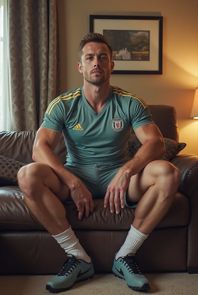 (1 male, short hair flat head), solo, delicate muscle lines, solo, football socks, chest bulge, naked, facing the lens, light particles, light and shadow, dressing room, flush on face, realistic hands, full body portrait, perfect quality, masterpiece, foot sock focus, looking up, feet up, (sitting), smiling pleasure expression