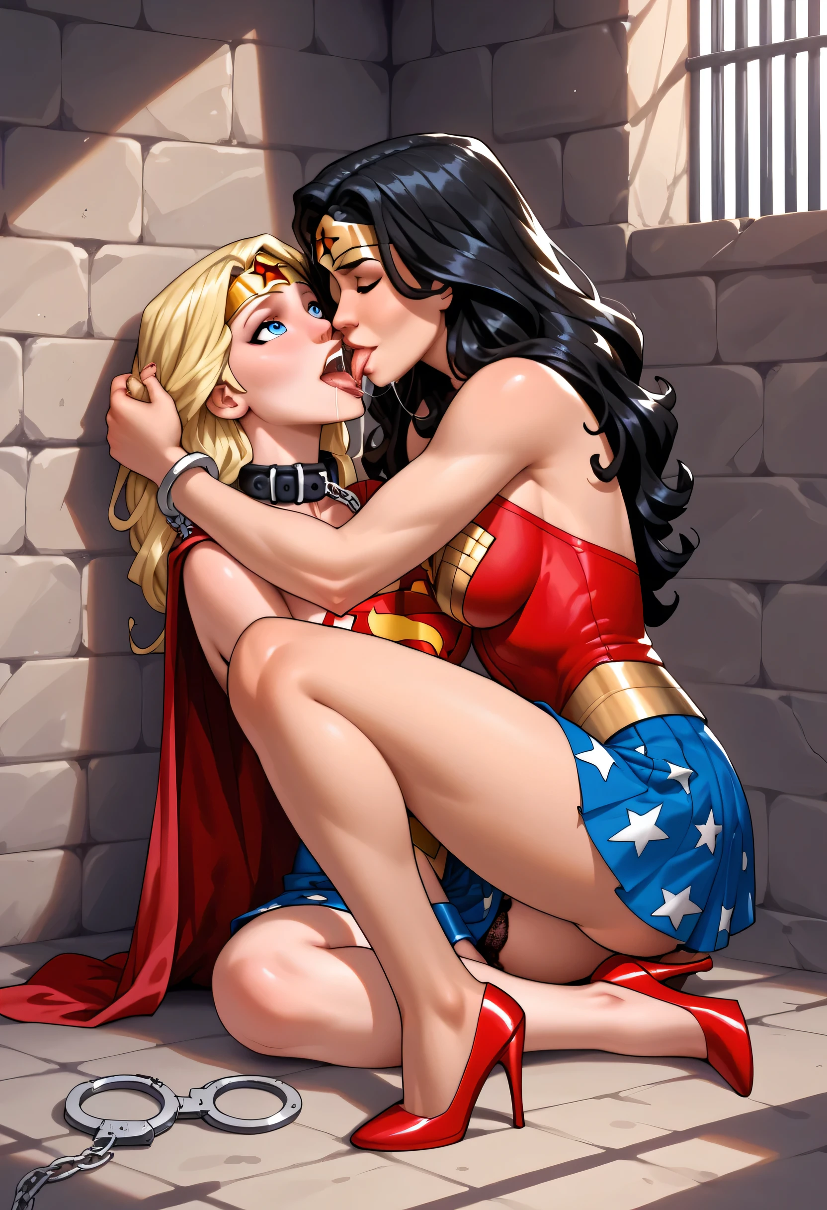 obra-prima, best quality, 2 s, Two plus-size women in Supergirl and Wonder Woman uniforms found trapped in a prison, stone wall. beijo, hug, (na parede ), (suor:1.2), par, (corar), (trace of saliva), big ass, skirt raised, lace panties, meias altas, Ligas, high heels , prominent nipple, blond hair, black hair, agachado, handcuffs on feet , handcuffs on hands , Dog collar around the neck .