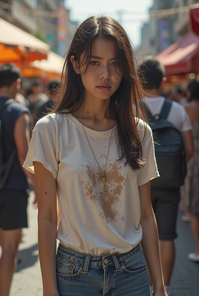 A girl homeless, wearing torn shirt,expose torn fabric,dirty place background,cotton torn short skirt,dirty face, dirty skins, collar bone,messy place,wet skins, small breast,muddy skins,legs spreading, focus photography, super realistic 8k, Sharp hi-resolutions,asian facedirty hair,