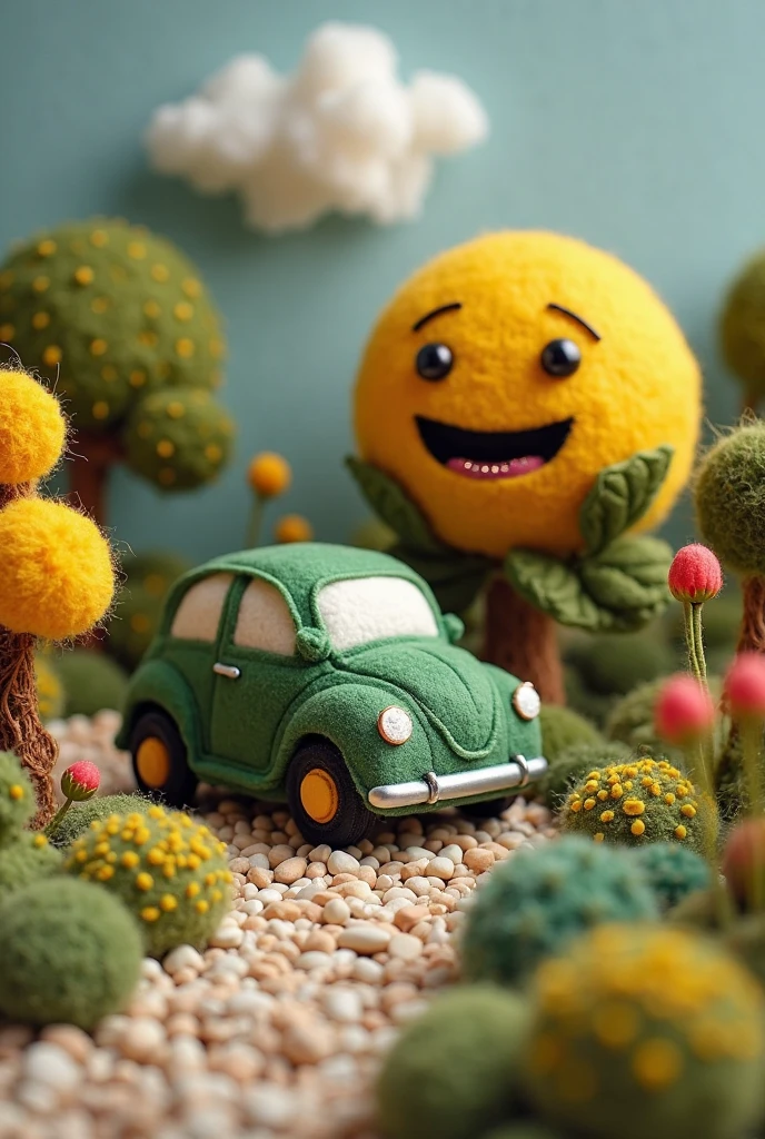 A handcrafted wool-felt 3D diorama of a plush, miniature garden filled with cuddly trees and fuzzy flowers. The central topiaries are made of soft felted green wool: a compact car with fluffy wheels and flower-sewn headlights, and a round, oversized laughing emoji topiary with puffy yellow texture, wide stitched smile, and sparkly bead eyes. Everything from the pebble paths to the clouds is crafted in cozy textures, evoking comfort and delight for viewers of all ages.