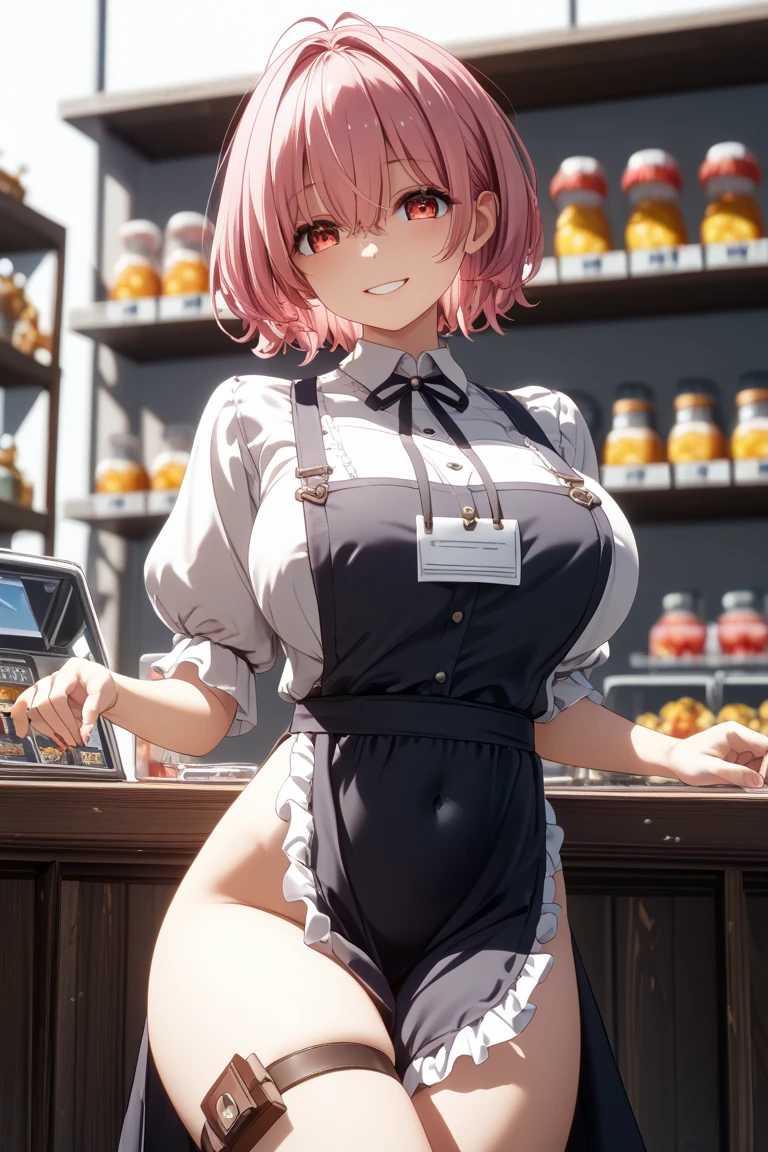 best quality, 1girl, very light pink hair, short hair, hands behind head, 4K wallpaper, masterpiece, extremely detailed CG unity 8k wallpaper, extremely detailed eyes, dynamic pose, ultra-detailed, intricate details, masterpiece, skindentation, best quality, expressive eyes, perfect face, soft pink lips, barista, detailed pink gingham mini skirt, detailed black leather corset top, detailed coffee shop, airy, light, large detailed blue eyes, large breasts, cleavage, thick thighs,