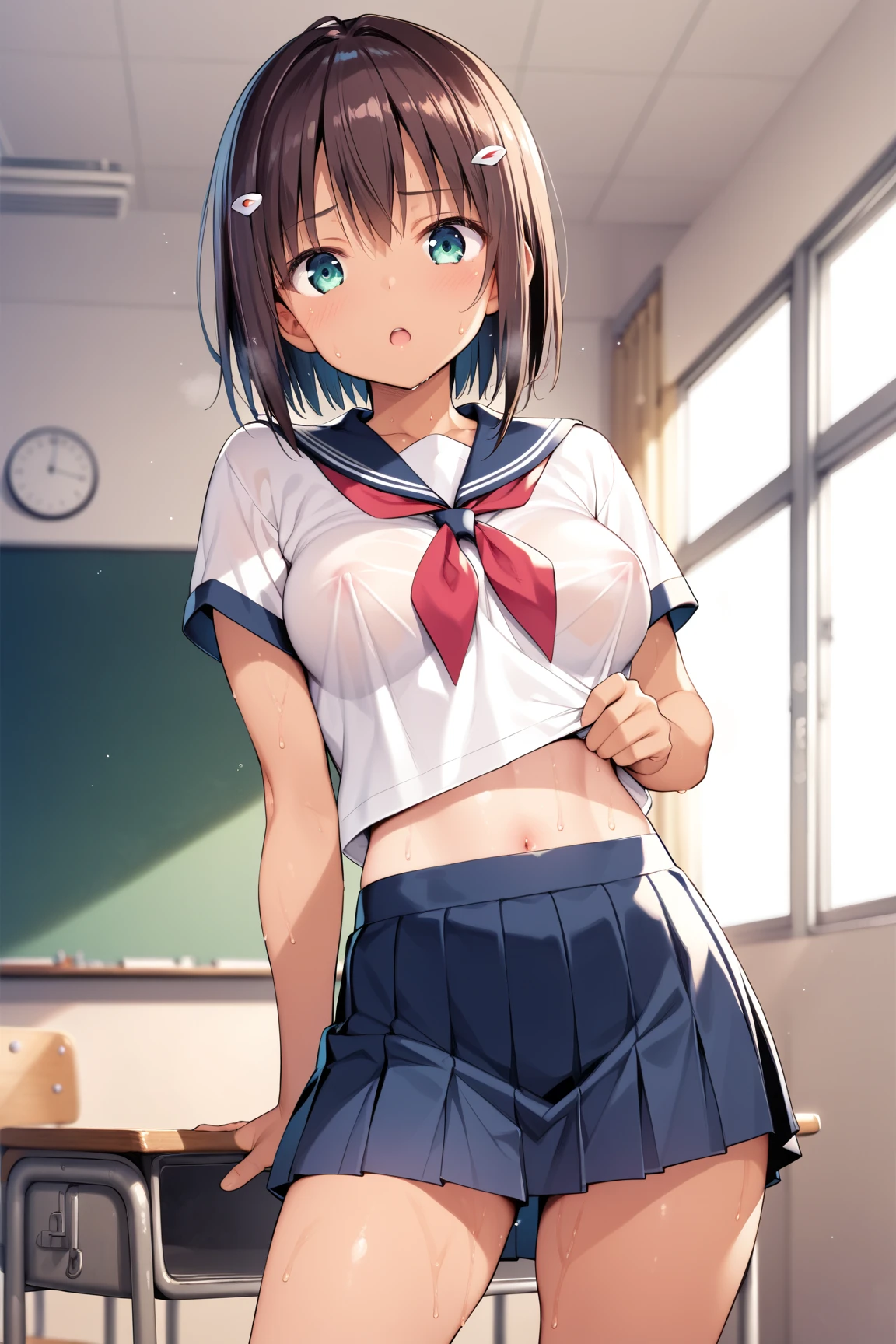 ((masterpiece,Highest quality:1.3,best quality illustration)),cowboy shot,独奏,1woman, beauty、black hair,short bob hair,bangs,black eyes,(gorgeous big eyes),((very small head:1.3)),sad,tears,((skinny:1.2)),((tan skin:1.4)),small breasts,(School student uniform、Short sleeve collared shirt、Blue ribbon tie、Blue mini skirt),gleaming skin,oily skin,slender body,sweat,standing,classroom、School、Tokyo、nsfw,