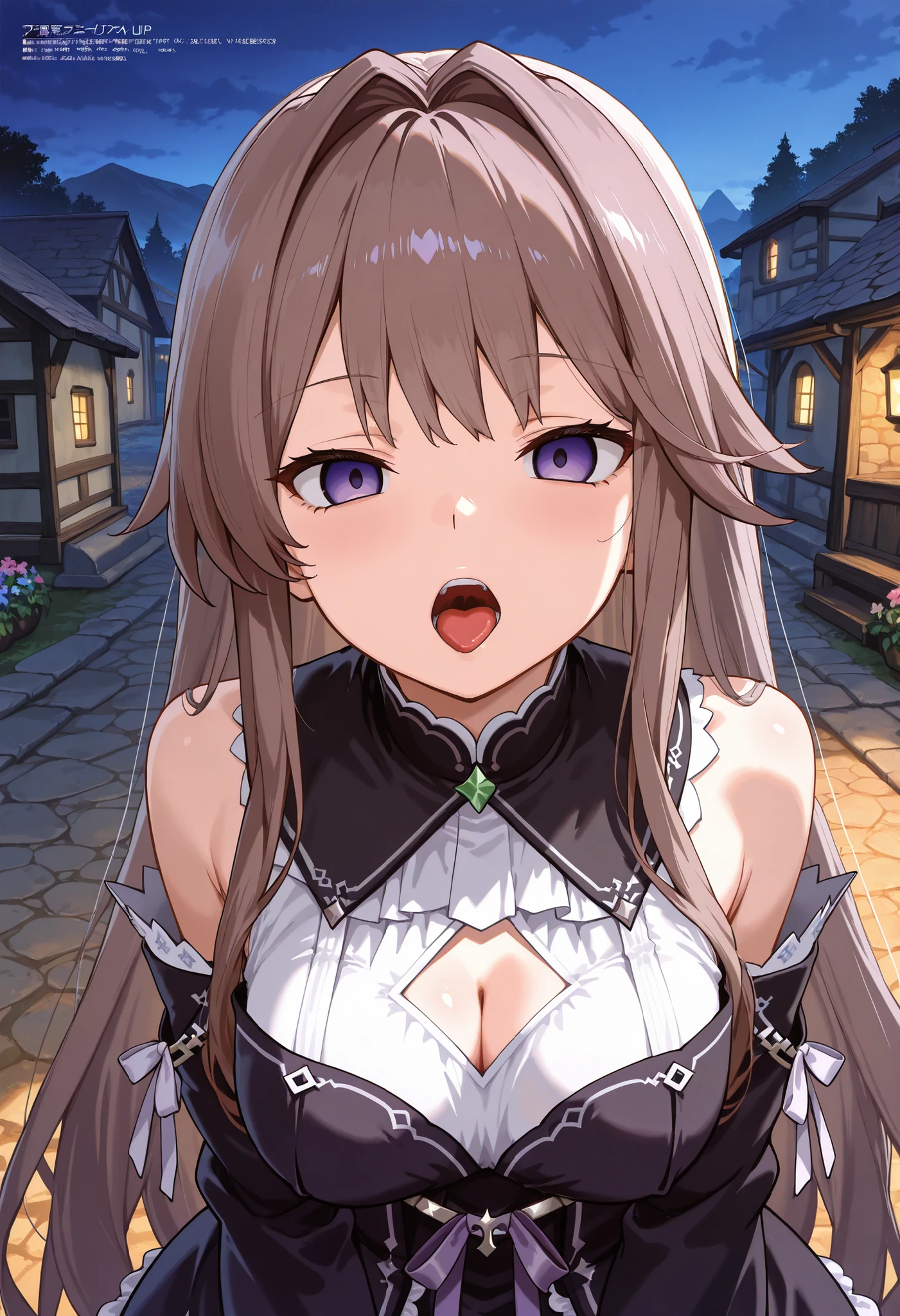 ((The Herta)),

score_9, score_8_up , score_7_up , score_6_up , score_5_up ,
(masterpiece, best quality),ultra detailed,
warm lighting, rim light, megami magazine,
BREAK

(masterpiece), (Highest Quality), (ultra detail), illustrations, disheveled hair, detailed eyes, perfect composition, complicated details, Very good lighting, 

1 girl, 

clothing cutout, close-up, brown hair, long hair, Purple Eyes, bare shoulder, black dress, black villages with, separated sleeve,  long sleeve, 

villages with, villages with flower, villages with ornament,witch villages with, outdoor, 

open your mouth, Empty Eyes, Shady face,
[large breasts], full body,

BREAK


