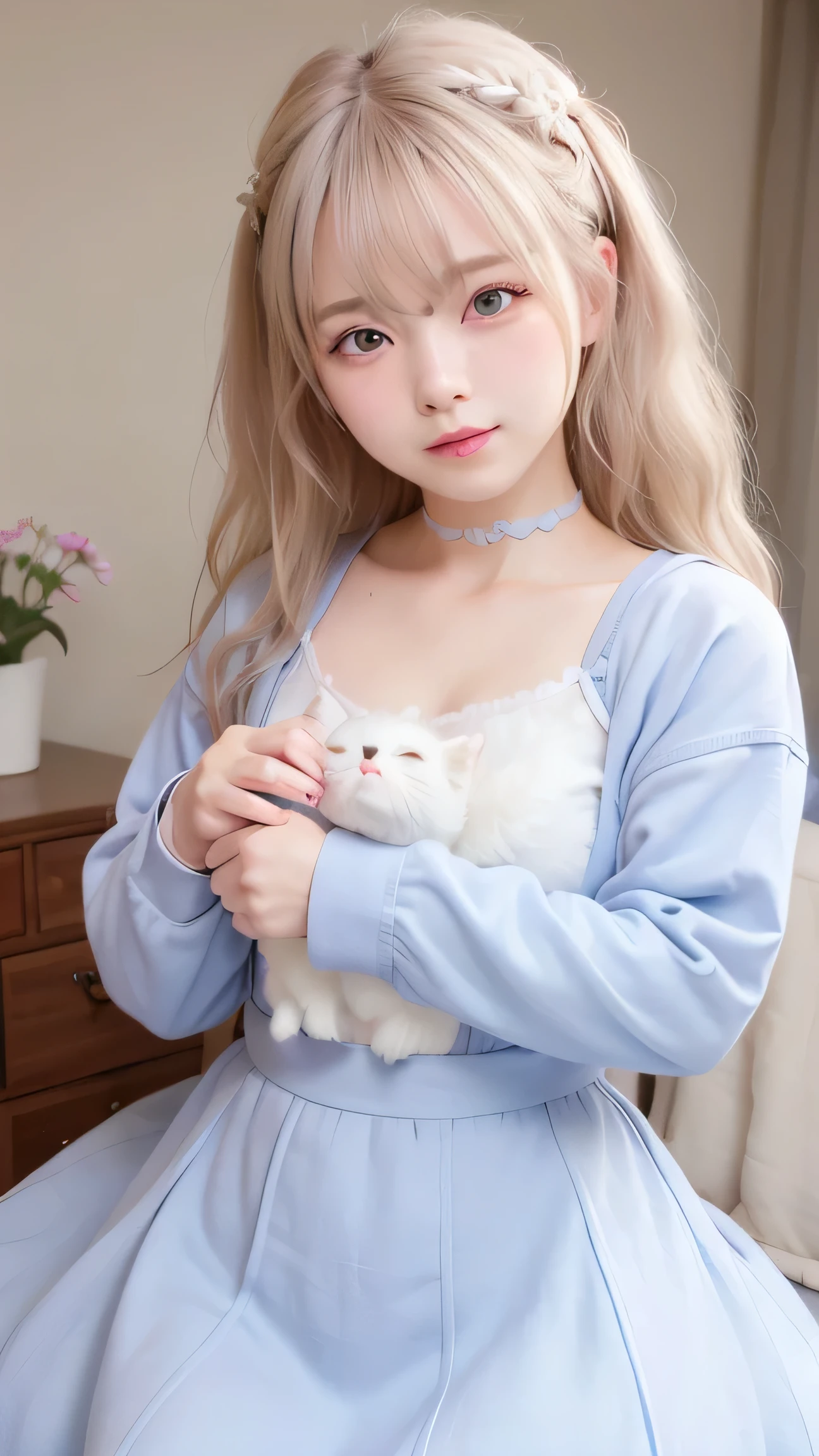 1 person、17-year-old girl、Baby Face、Classmate、whole body、(White cat、Cat ears、Fur costume、White fur、Fluffy costume、Cat&#39;s Tail)、Spread your legs、(I can see your underwear)、Small breasts、(smile、Perfect white teeth)、bangs、Long Hair、(Silver Hair、Crystal clear hair、Smooth Hair:1.5)、The light illuminates my hair、Light Hair、Silky Hair、Shiny Hair、Slim body、RAW Photos, (Highest quality、masterpiece、Realistic photo:1.2)、Dramatic lighting、Bright lighting、Super detailed、Realistic skin texture、Beautiful eyes in every detail、Brown eyes、Antique Clock、Mass watches、Fine stained glass、Colorful stained glass、(Detailed Background、Depth of written boundary:1.2)、