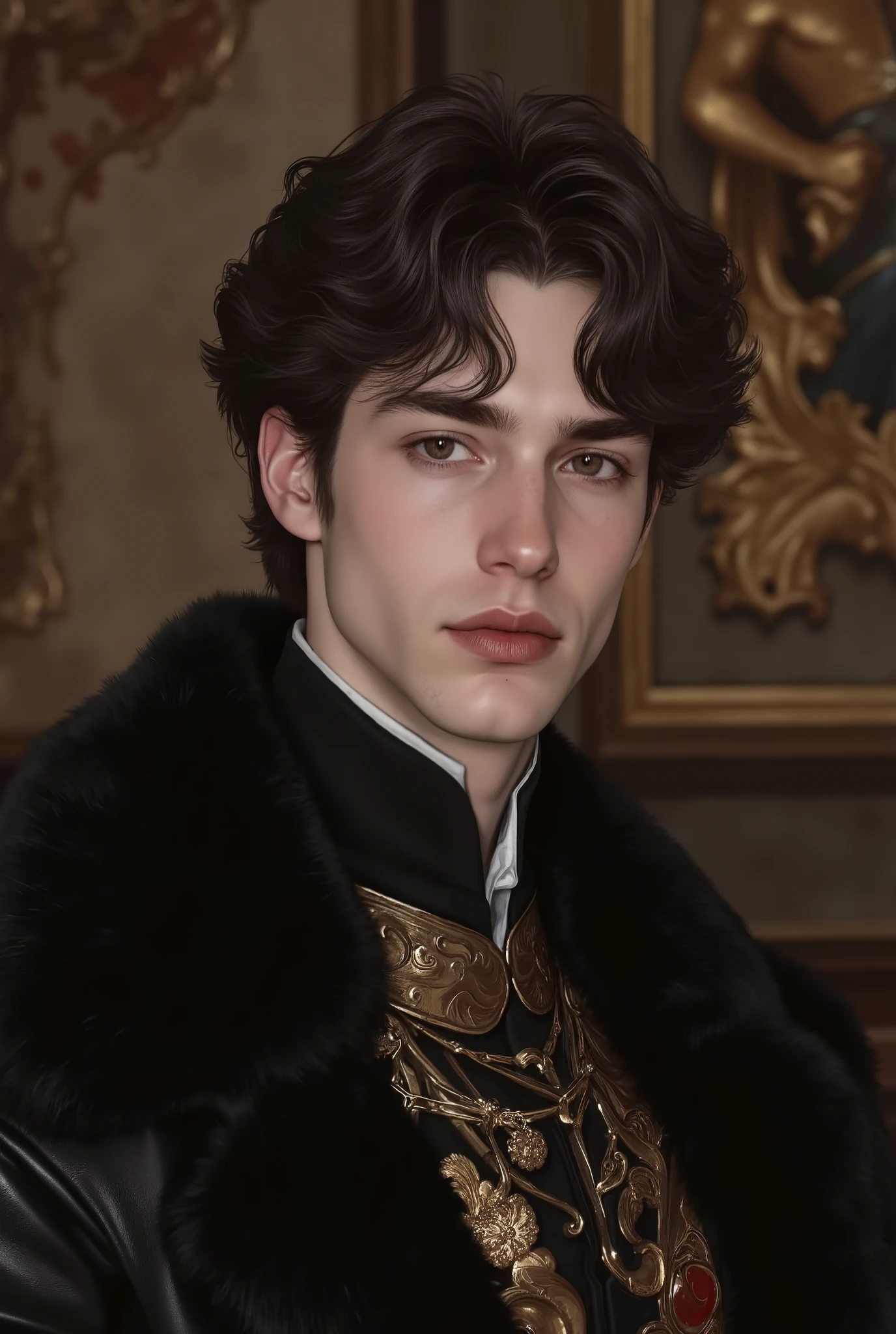 Noble young prince
Aristocratic youth
Mysterious male beauty
Medieval nobleman
Regal young man
Raven-haired male
Enigmatic royalty
Delicate but strong features
Noble gaze
Art Style Keywords:
Cinematic fantasy portrait
High-detail realism
Soft moody lighting
Baroque background
Rich color grading
Fantasy film aesthetic
Painterly touch
Period drama lighting