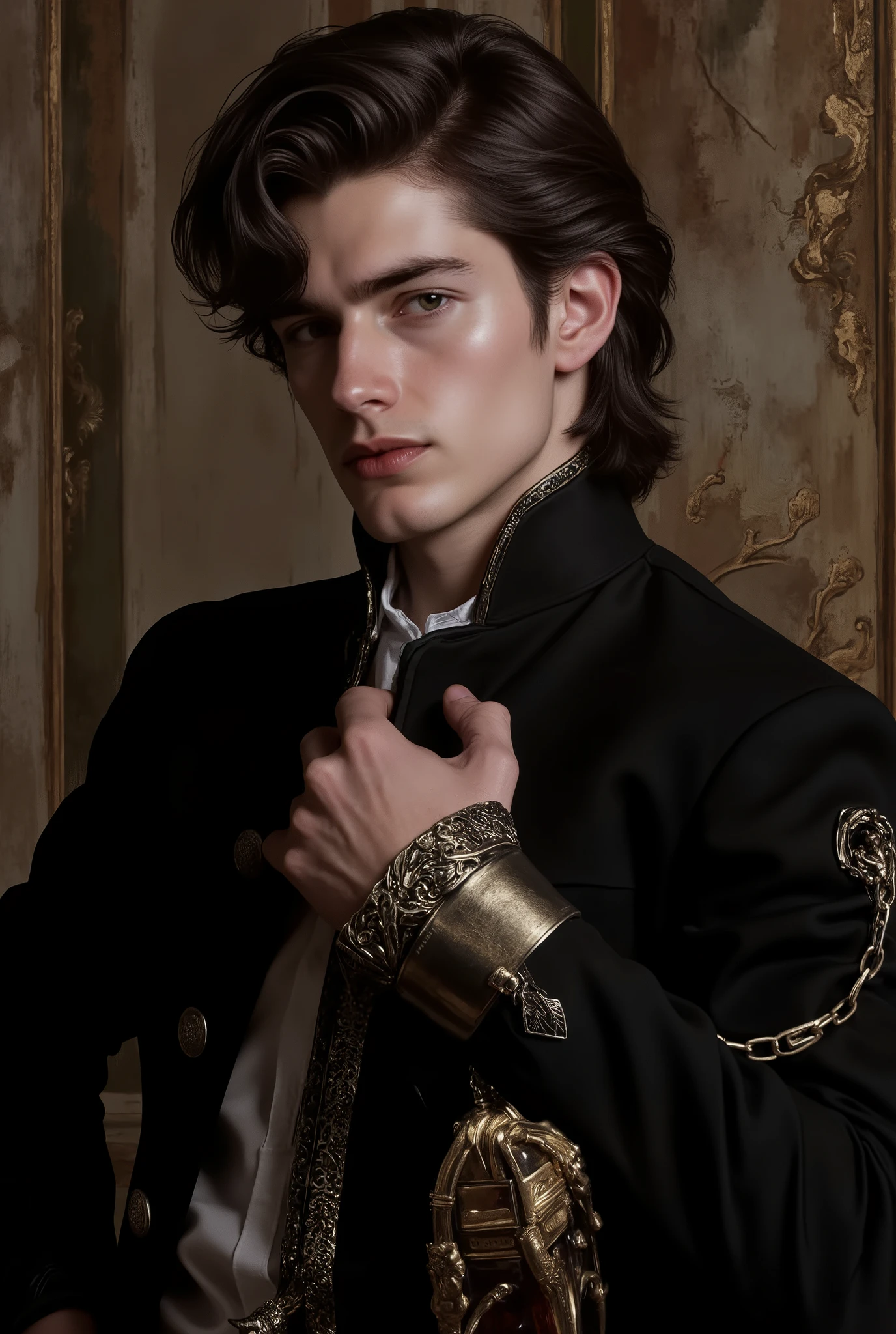 Noble young prince
Aristocratic youth
Mysterious male beauty
Medieval nobleman
Regal young man
Raven-haired male
Enigmatic royalty
Delicate but strong features
Noble gaze
Art Style Keywords:
Cinematic fantasy portrait
High-detail realism
Soft moody lighting
Baroque background
Rich color grading
Fantasy film aesthetic
Painterly touch
Period drama lighting
