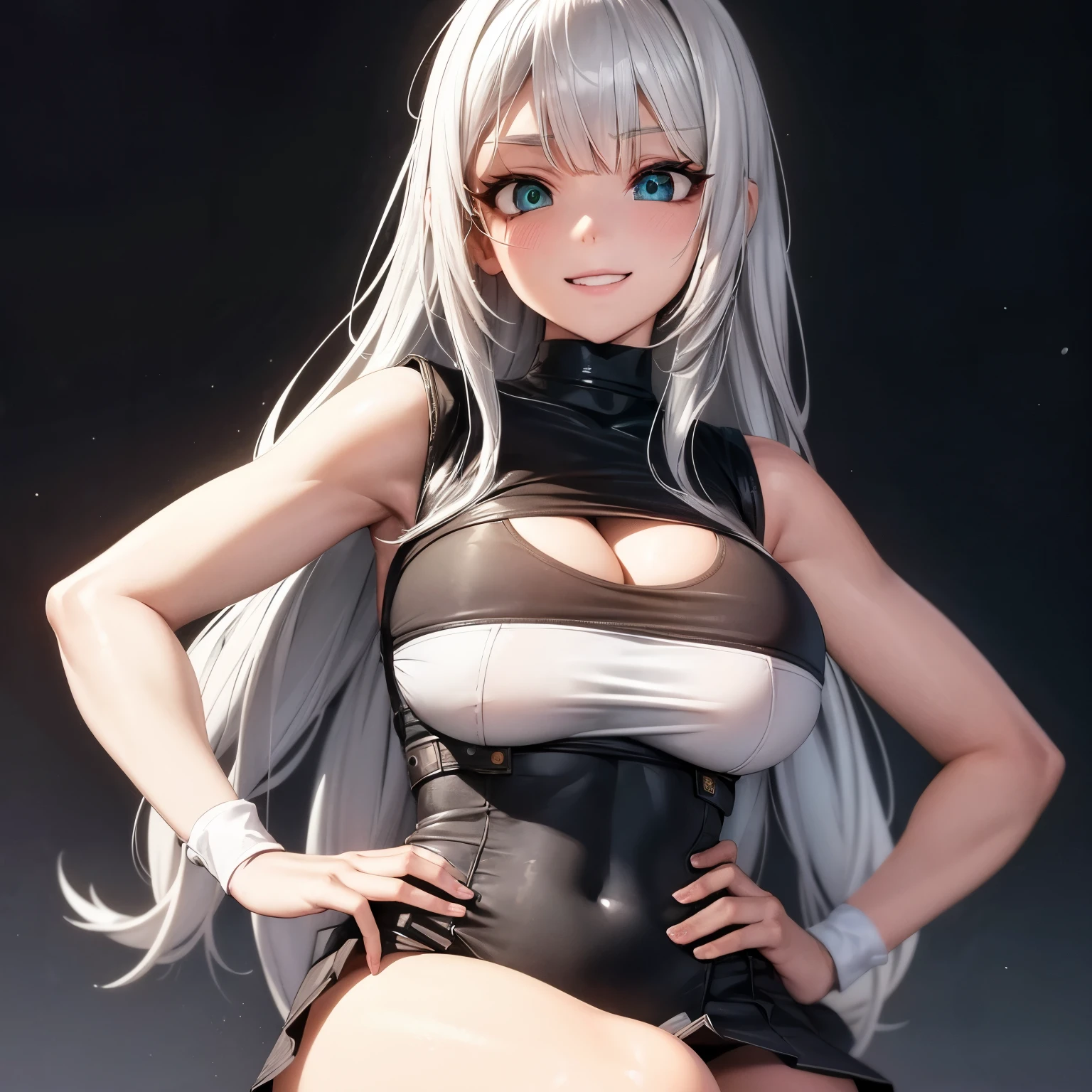beautiful lighting, best quality, masterpiece, intricate detail, detailed background, shining skin, shining body, (shiny skin:1.2), (mid shot:1.2), wide hips, (1girl:1.4), (science fiction:1.5), mega twintails, (big hair:1.4), grey hair, (very long hair:1.2), (very long bangs:1.2), orange eyes, (glowing eyes:1.2), detached sleeves, sleeves past wrist, grey cloak, medium breasts, cleavage, navel window, skirt, looking at viewer, market, <lora:mega_twintails-1.1:0.6>, frown, hands on hips, thighhigh boots, (goggles on head:1.3), (thigh band:1.2), belt, pouch, hat, scarf, long scarf, mole under eye