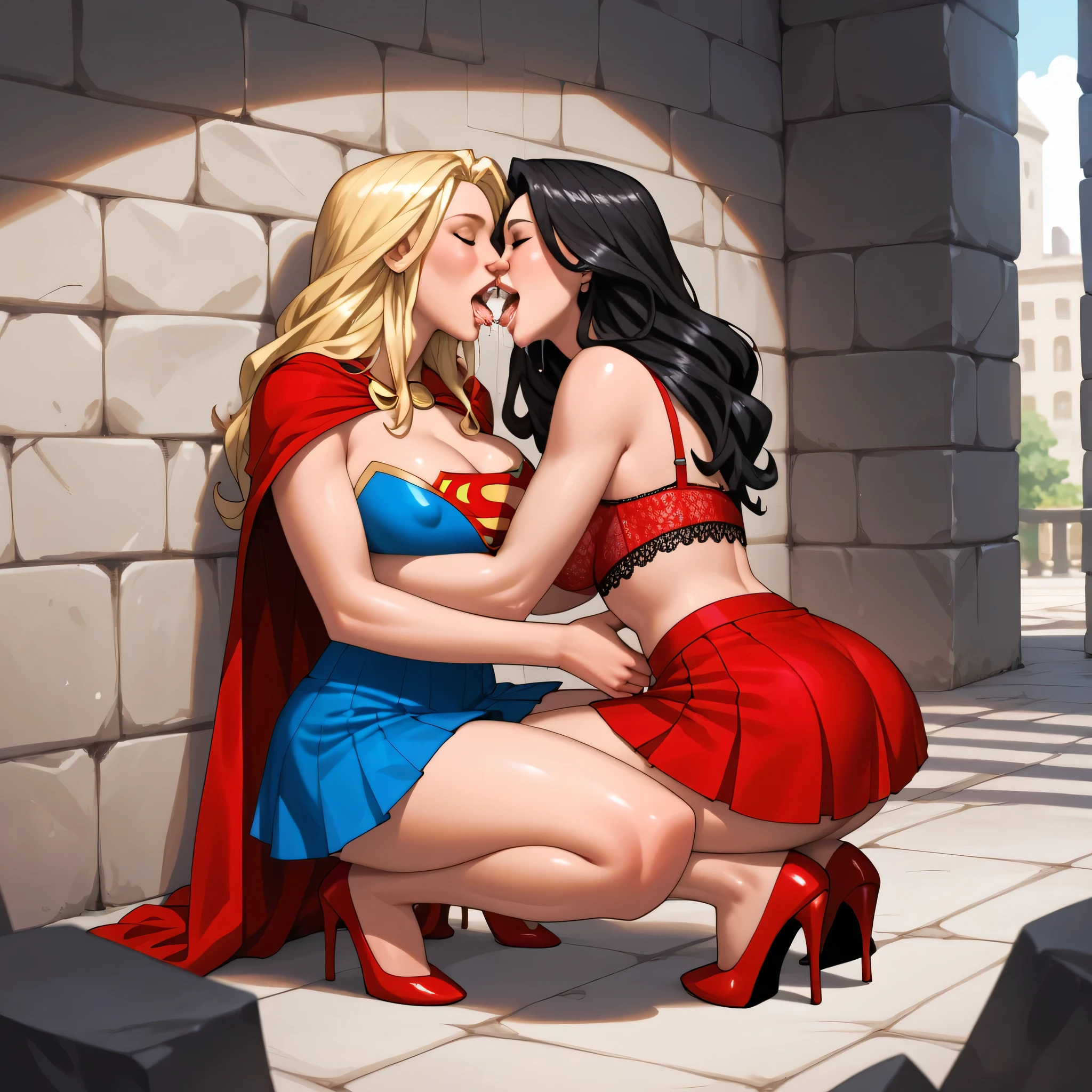 obra-prima, best quality, 2 meninas, Two plus-size women in Supergirl and Wonderwoman uniforms found locked in jail, Stone wall. beijo, hug, (na parede ), (suor:1.2), par, (corar), (trace of saliva), big ass, skirt raised, lace panties, meias altas, Ligas, high heels, prominent nipple, blond hair, black hair, squatting .