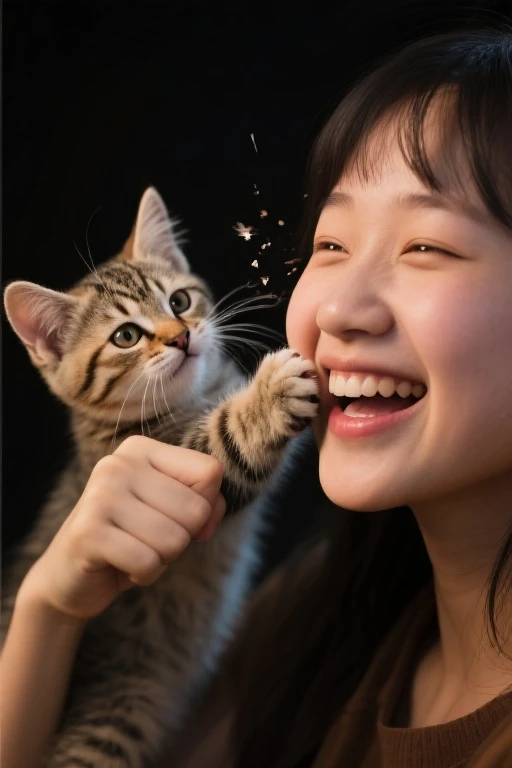 high quality, high resolution, professional lighting,
a kitten punching a girl's cheek with its paw, impact distortion on the cheek, the girl smiling,

