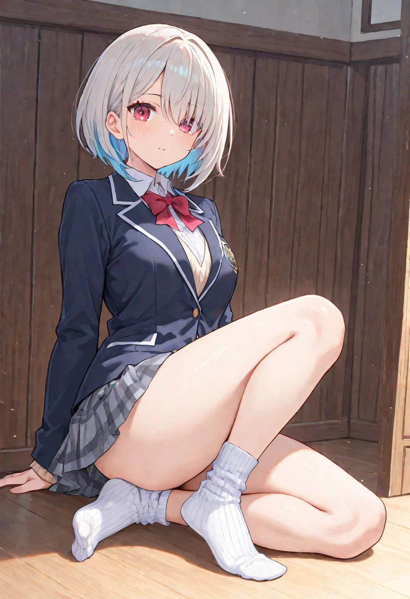 bluearchiveshiroko, shiroko, animal ears, blue eyes, grey hair, hair ornament, hairpin, halo, medium hair, wolf ears,
BREAK checkered clothes, checkered skirt, school uniform, skirt, scarf,
BREAK looking at viewer,
BREAK indoors, classroom,
BREAK (masterpiece:1.2), best quality, high resolution, unity 8k wallpaper, (illustration:0.8), (beautiful detailed eyes:1.6), extremely detailed face, perfect lighting, extremely detailed CG, (perfect hands, perfect anatomy),(white panties:1.5), perineum, groin, small breasts, (sitting on floor), skirt lift, leg up, spread legs, (short, tiny, little:1.5), smile, open mouth, from below, dutch angle